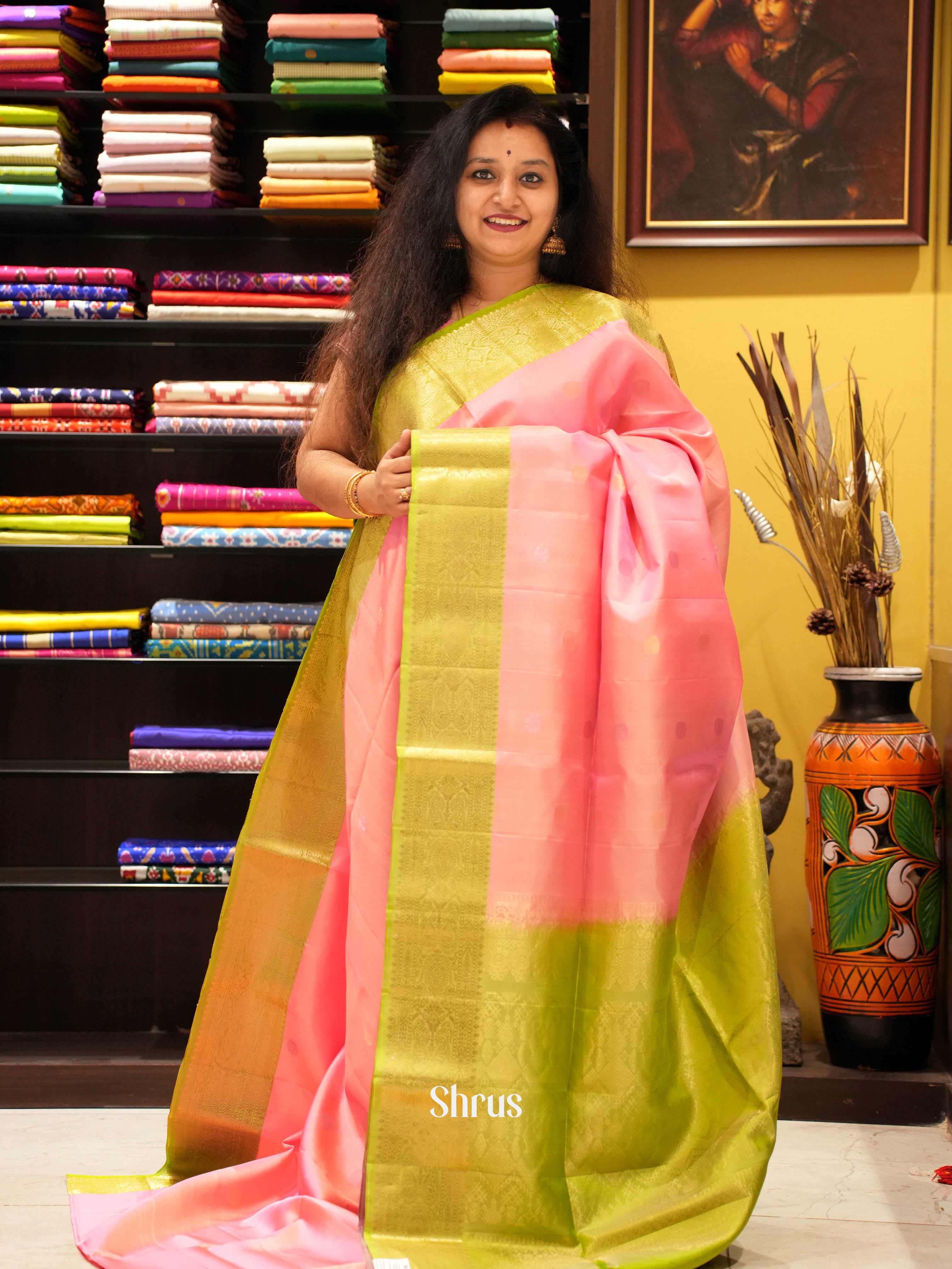 Pink & Green - Soft Silk Saree - Shop on ShrusEternity.com