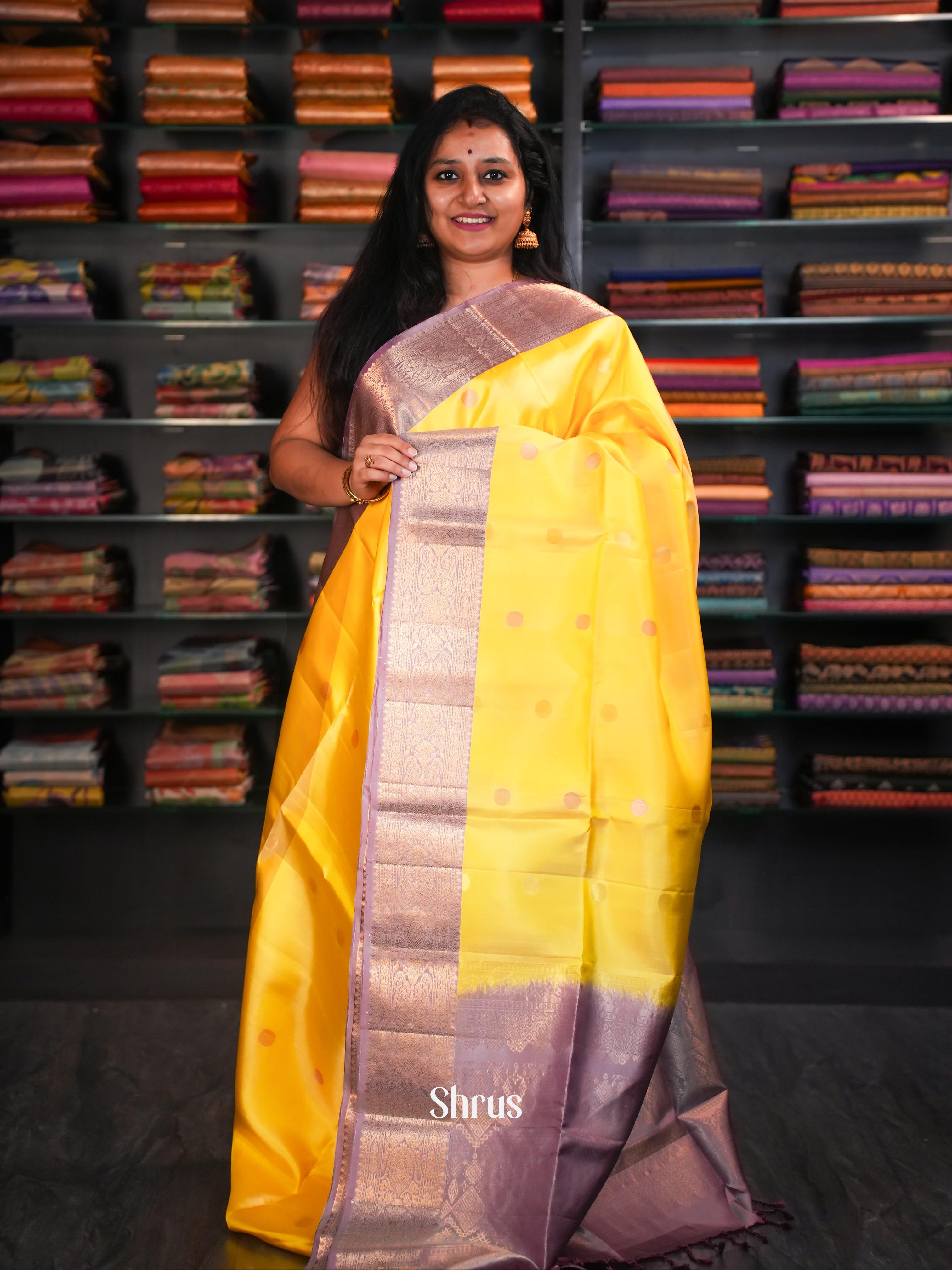 Bright Yellow & Light lavender - Soft Silk Saree - Shop on ShrusEternity.com