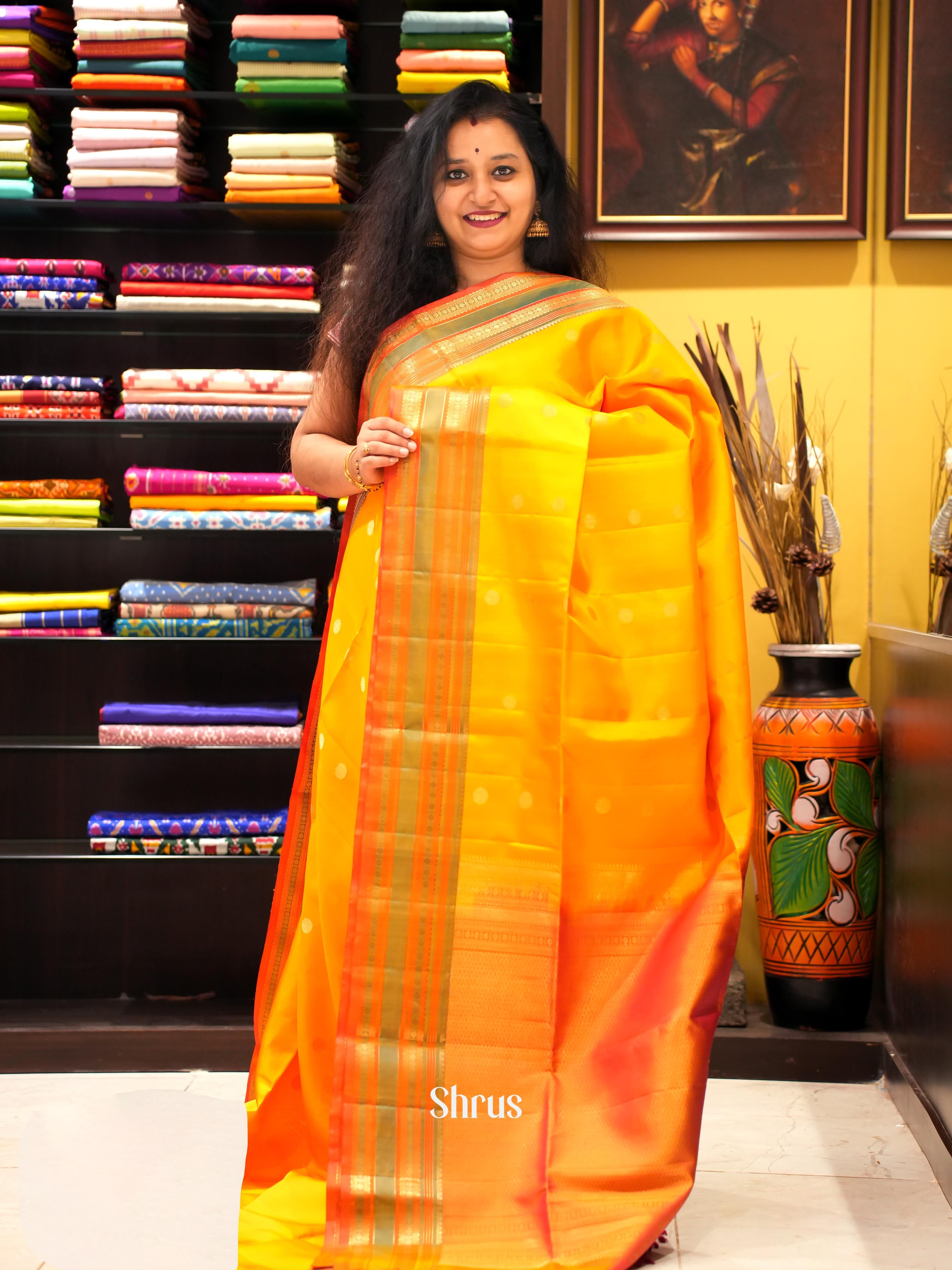 Yellow & Orange - Soft Silk Saree - Shop on ShrusEternity.com