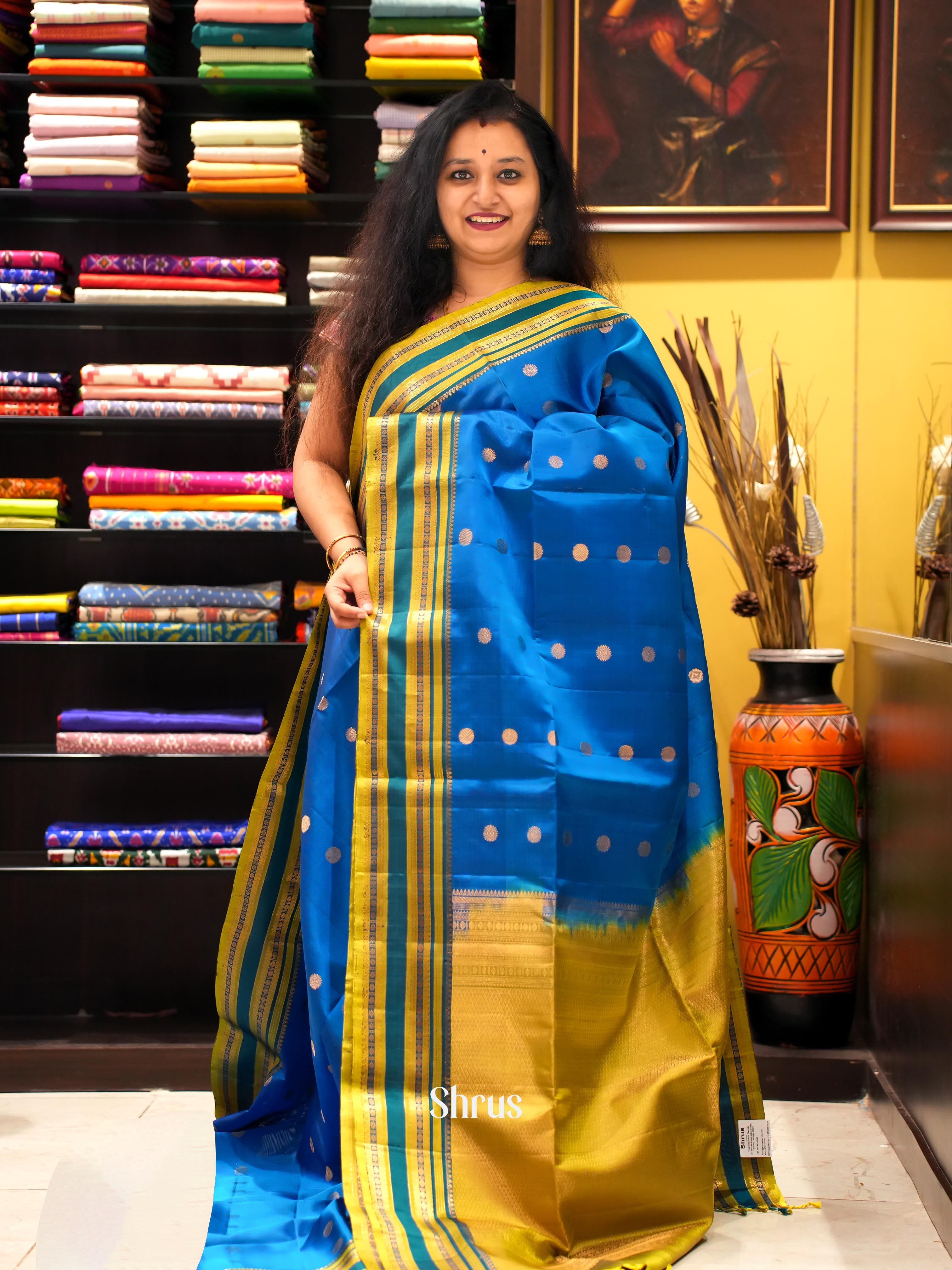Blue & Green - Soft Silk Saree - Shop on ShrusEternity.com