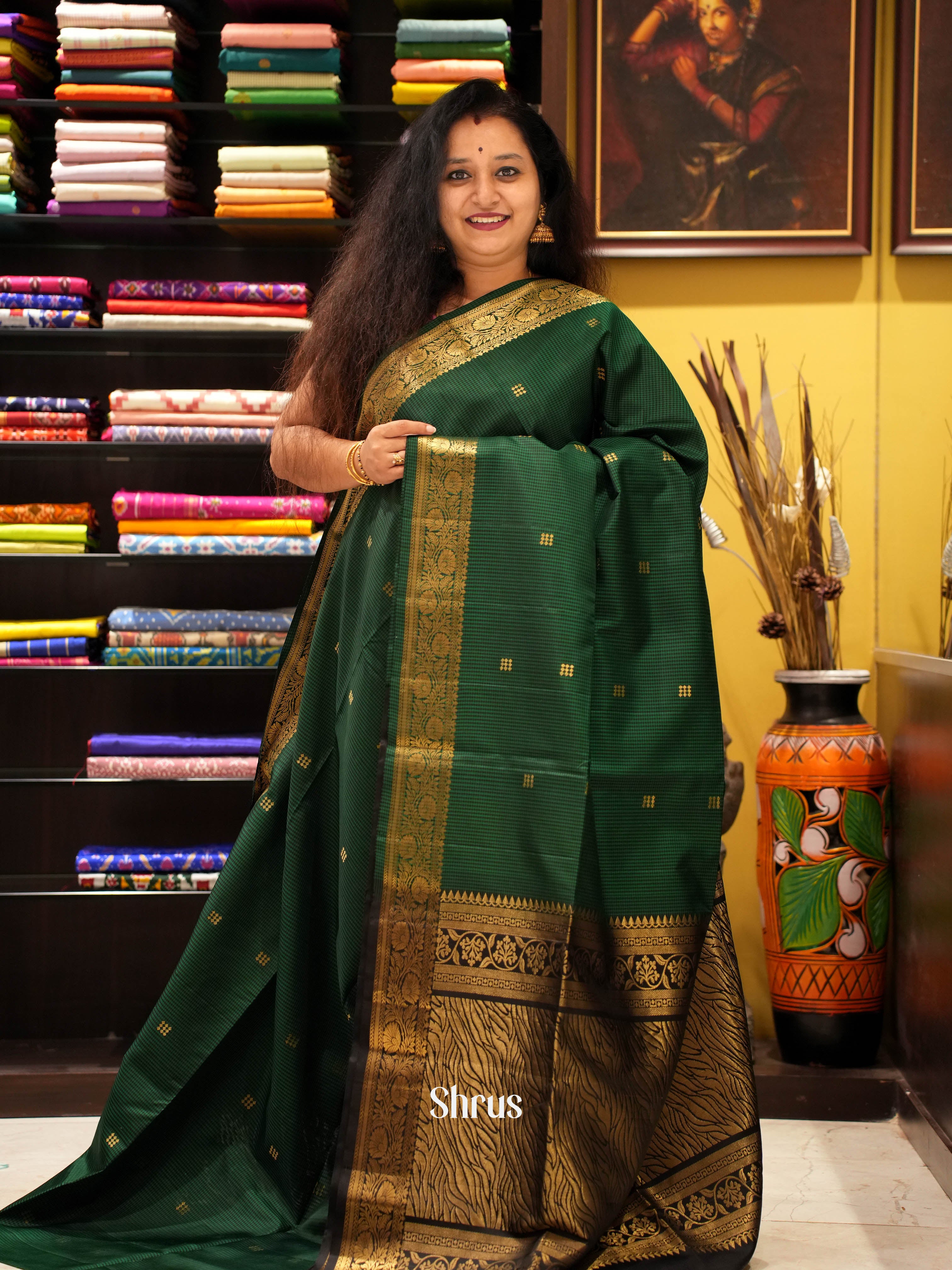 Green & Black - Soft Silk Saree - Shop on ShrusEternity.com