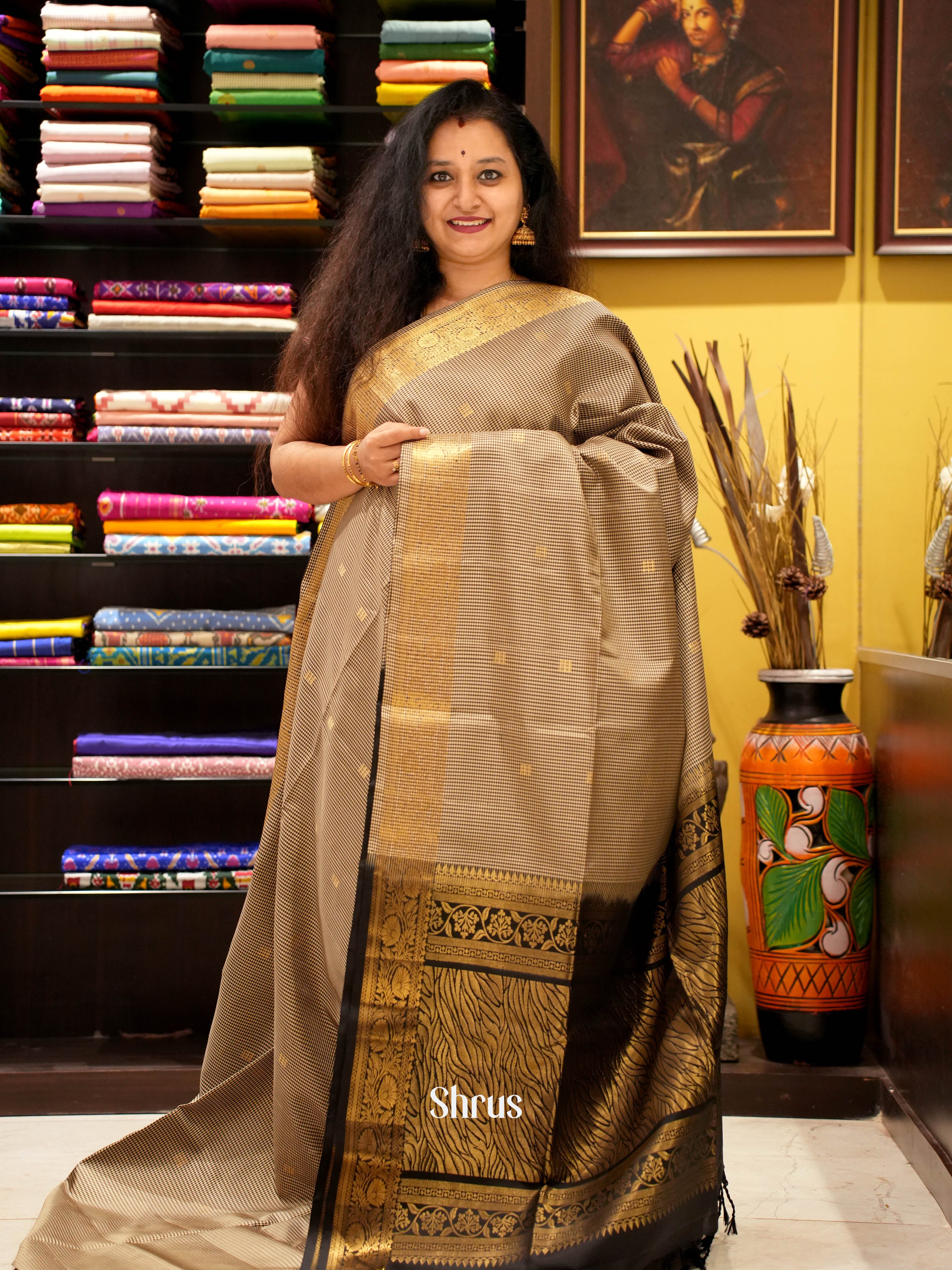 Beige & Black - Soft Silk Saree - Shop on ShrusEternity.com