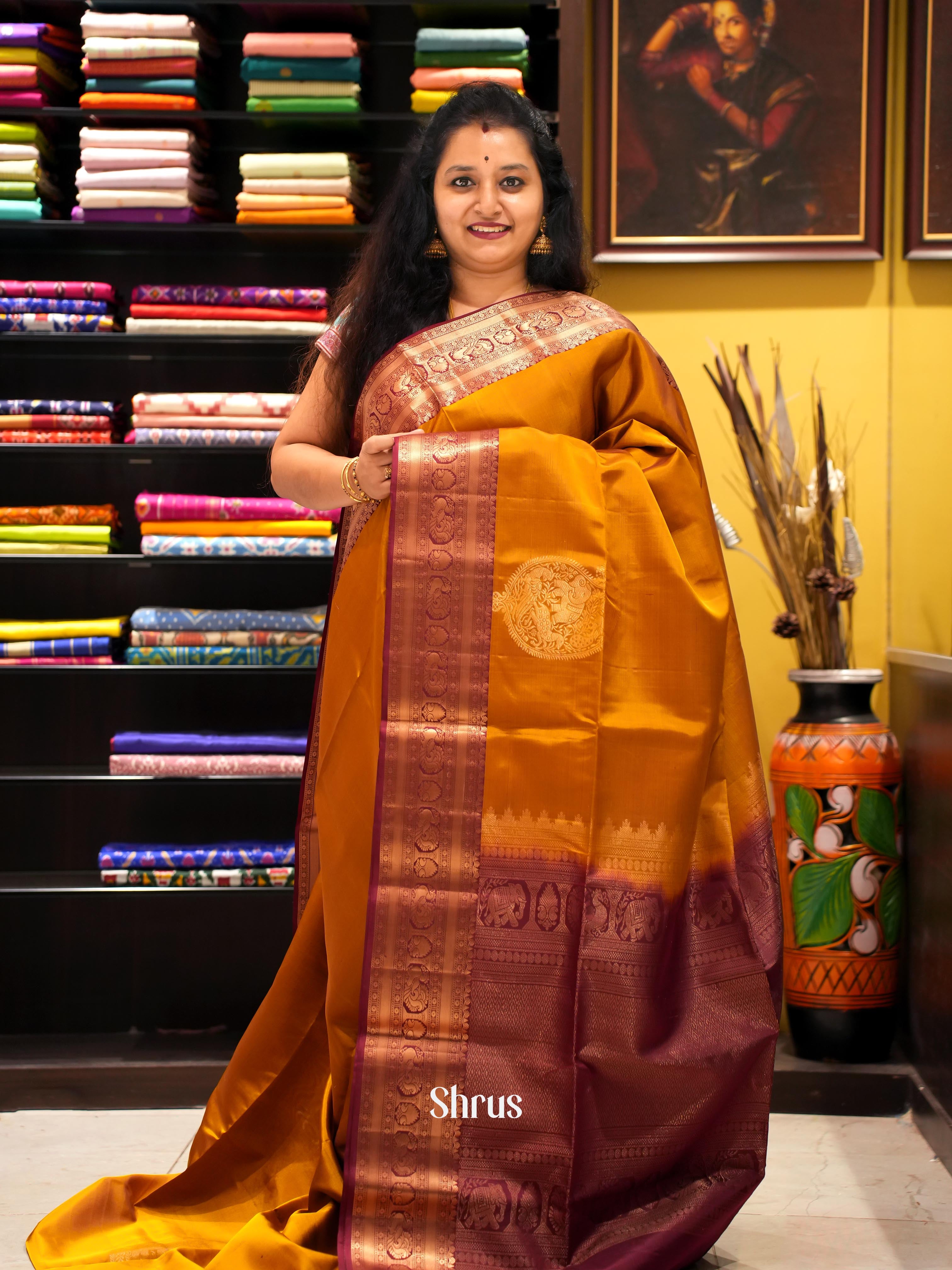 Mustard & Brown - Soft Silk Saree - Shop on ShrusEternity.com