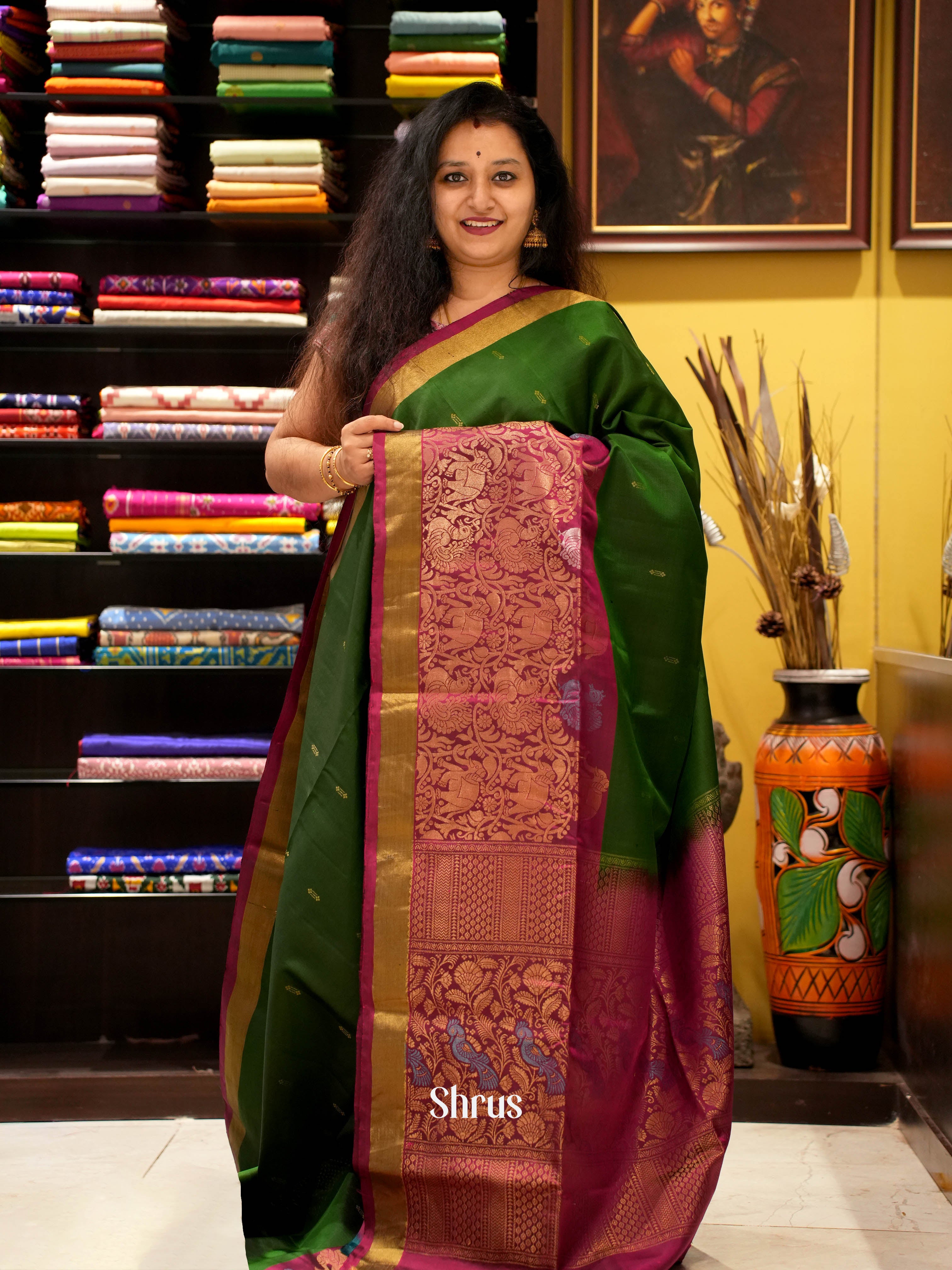 Green & Majenta - Soft Silk Saree - Shop on ShrusEternity.com