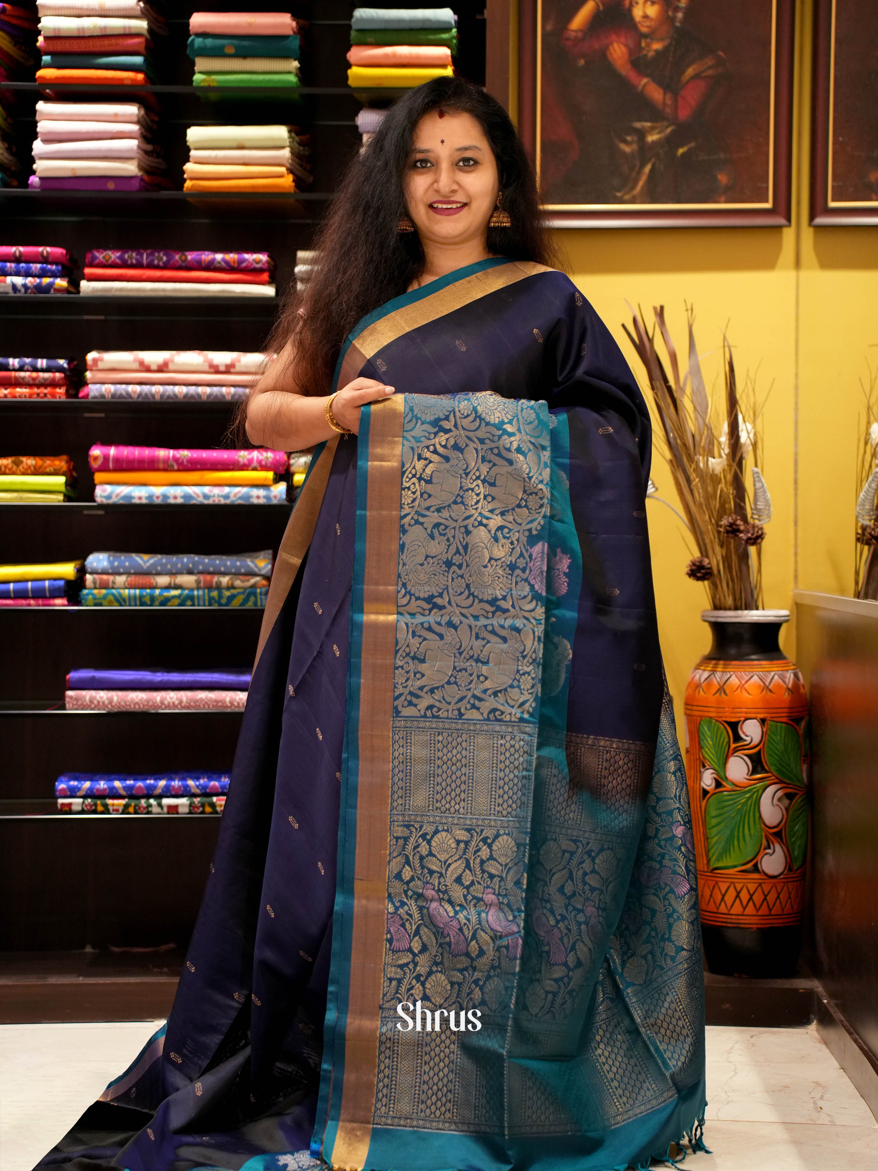Navy Blue & Blue - Soft Silk Saree - Shop on ShrusEternity.com