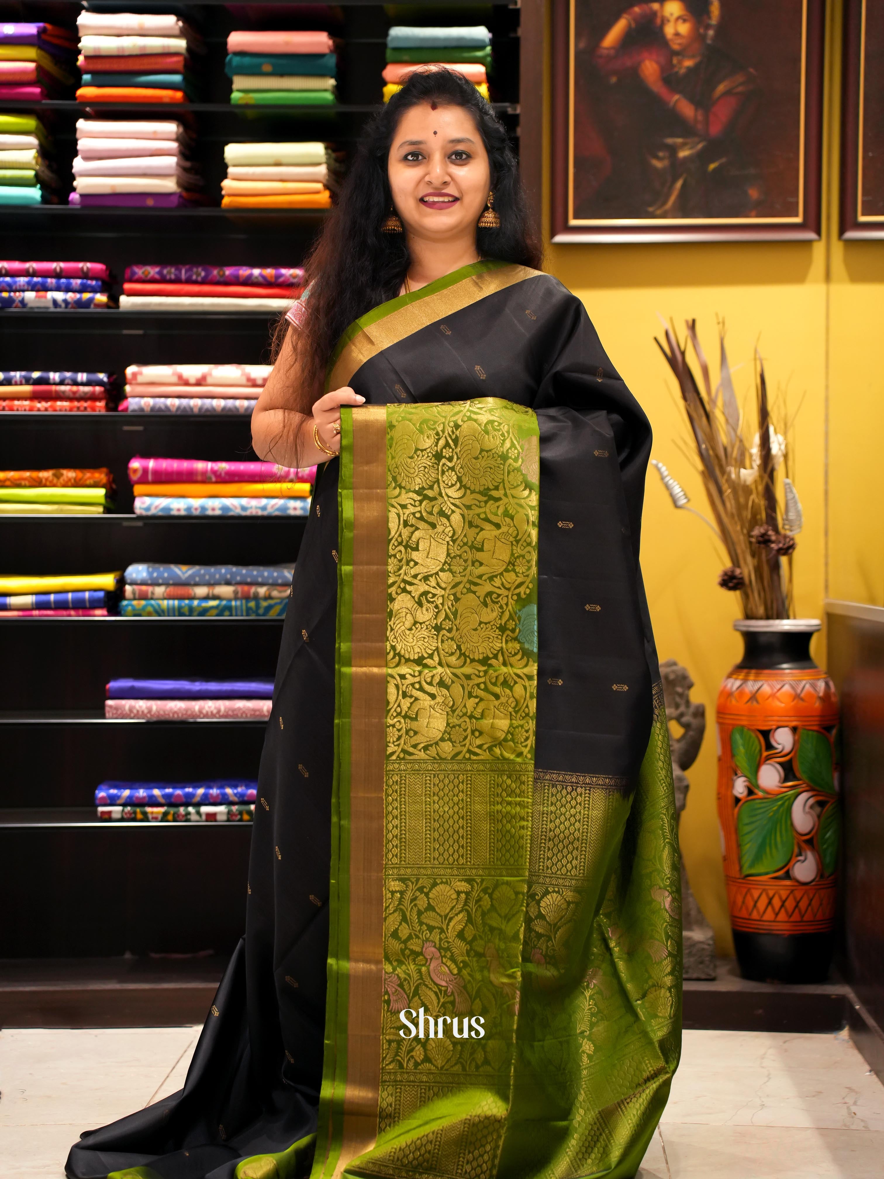 Black & Green - Soft Silk Saree - Shop on ShrusEternity.com
