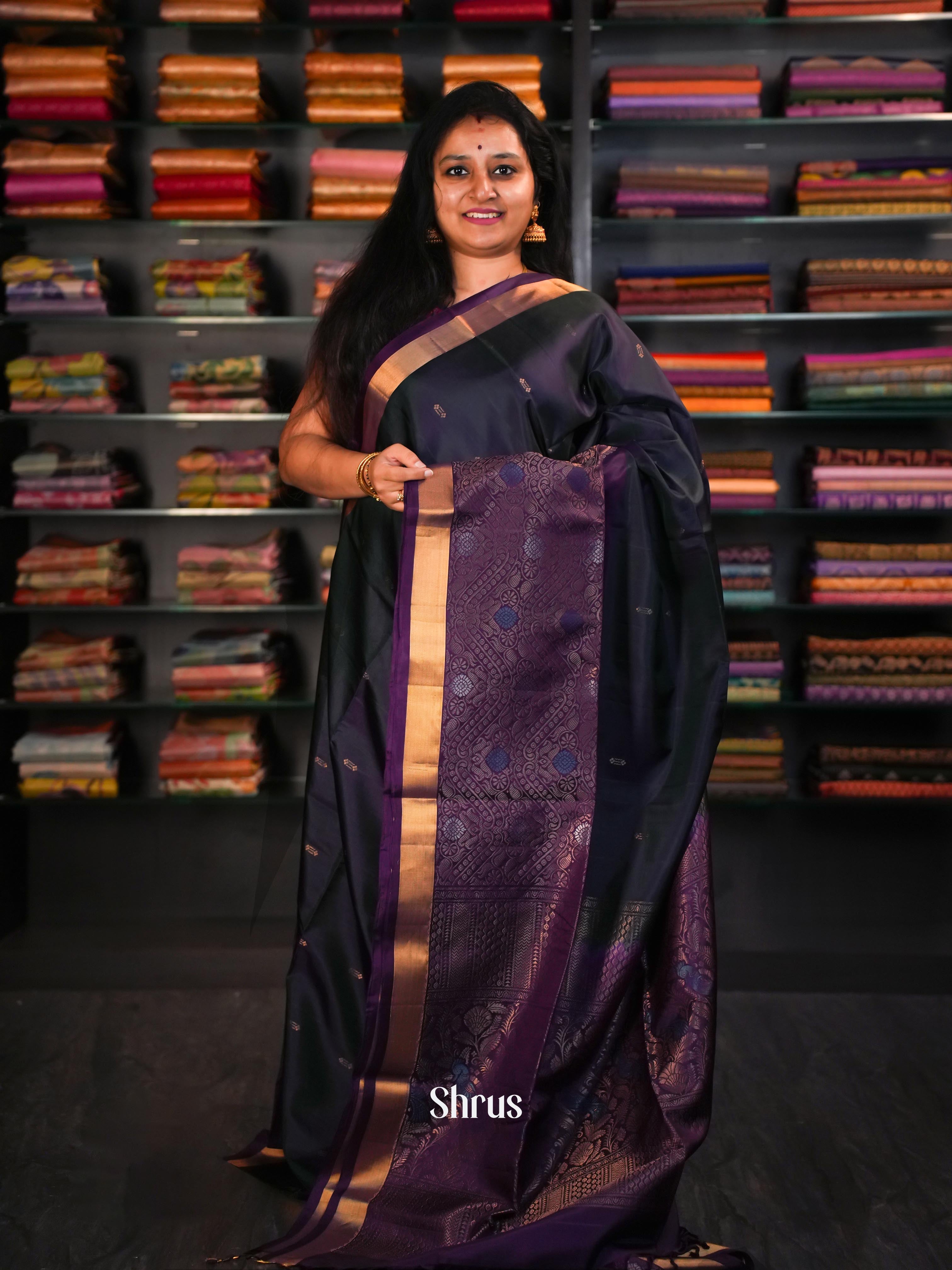 Deep Purple & Double Shaded Dark Green - Soft Silk Saree - Shop on ShrusEternity.com