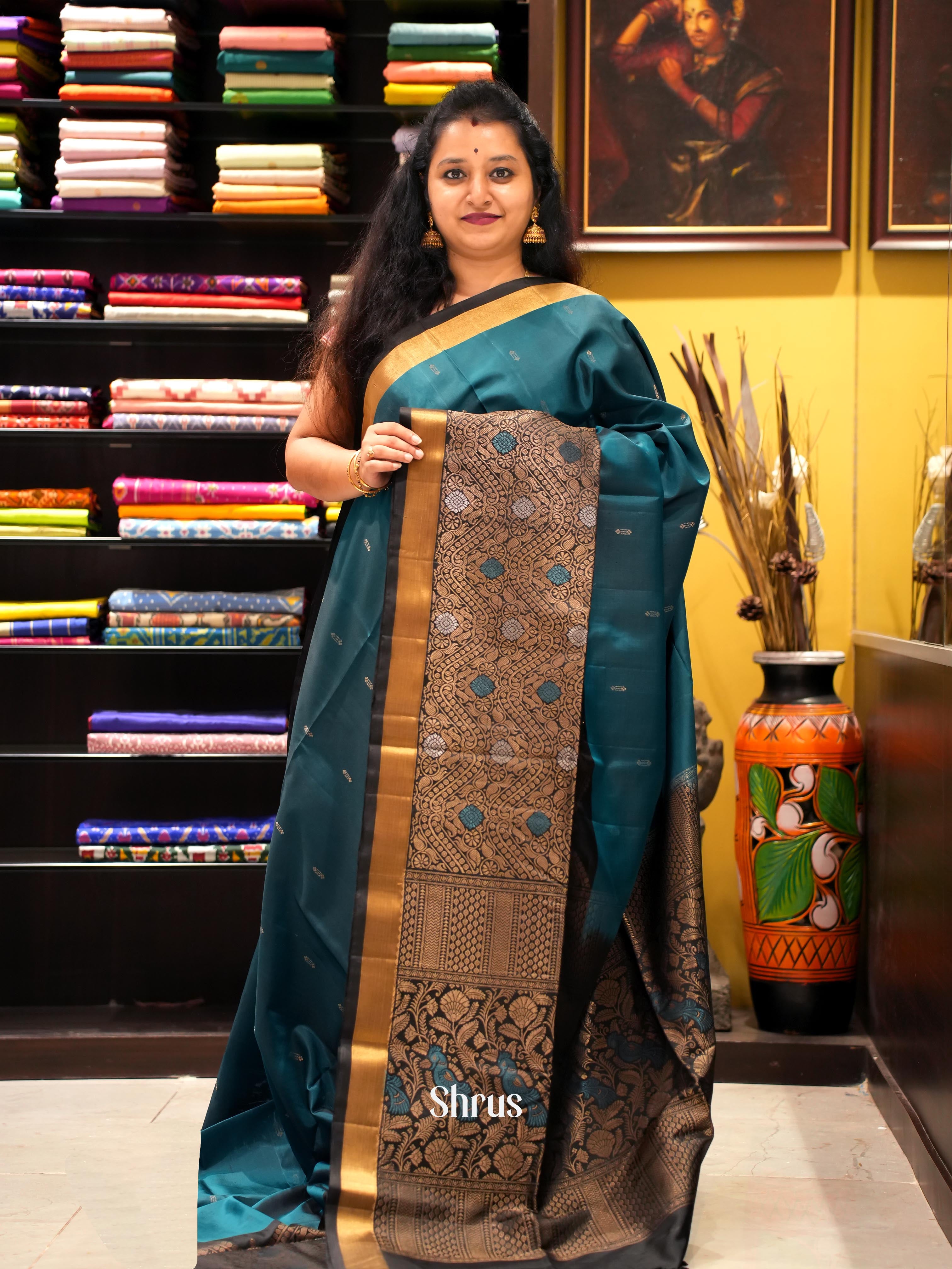 Blue & Black - Soft Silk Saree - Shop on ShrusEternity.com