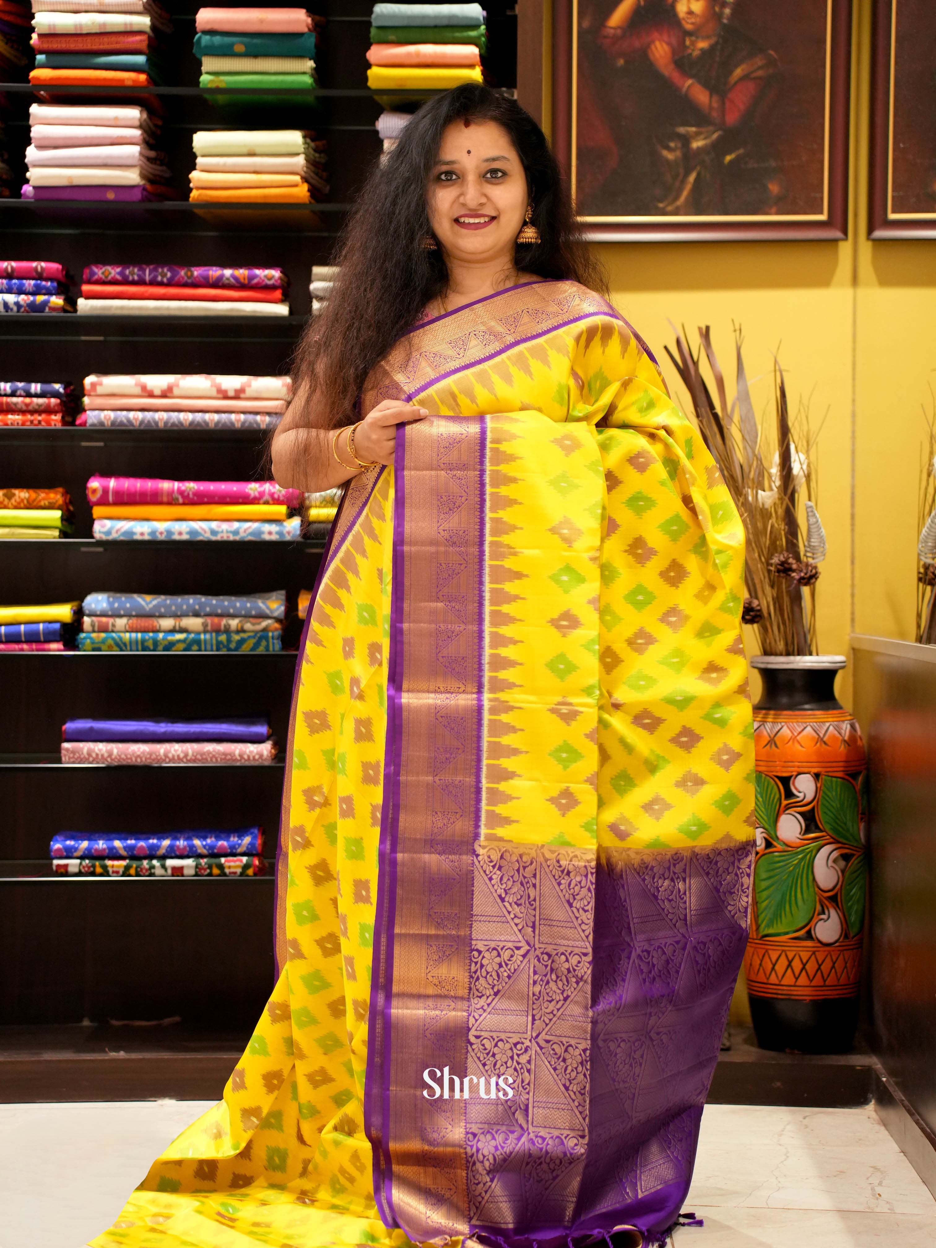 Yellow & Purple - Soft Silk Saree - Shop on ShrusEternity.com