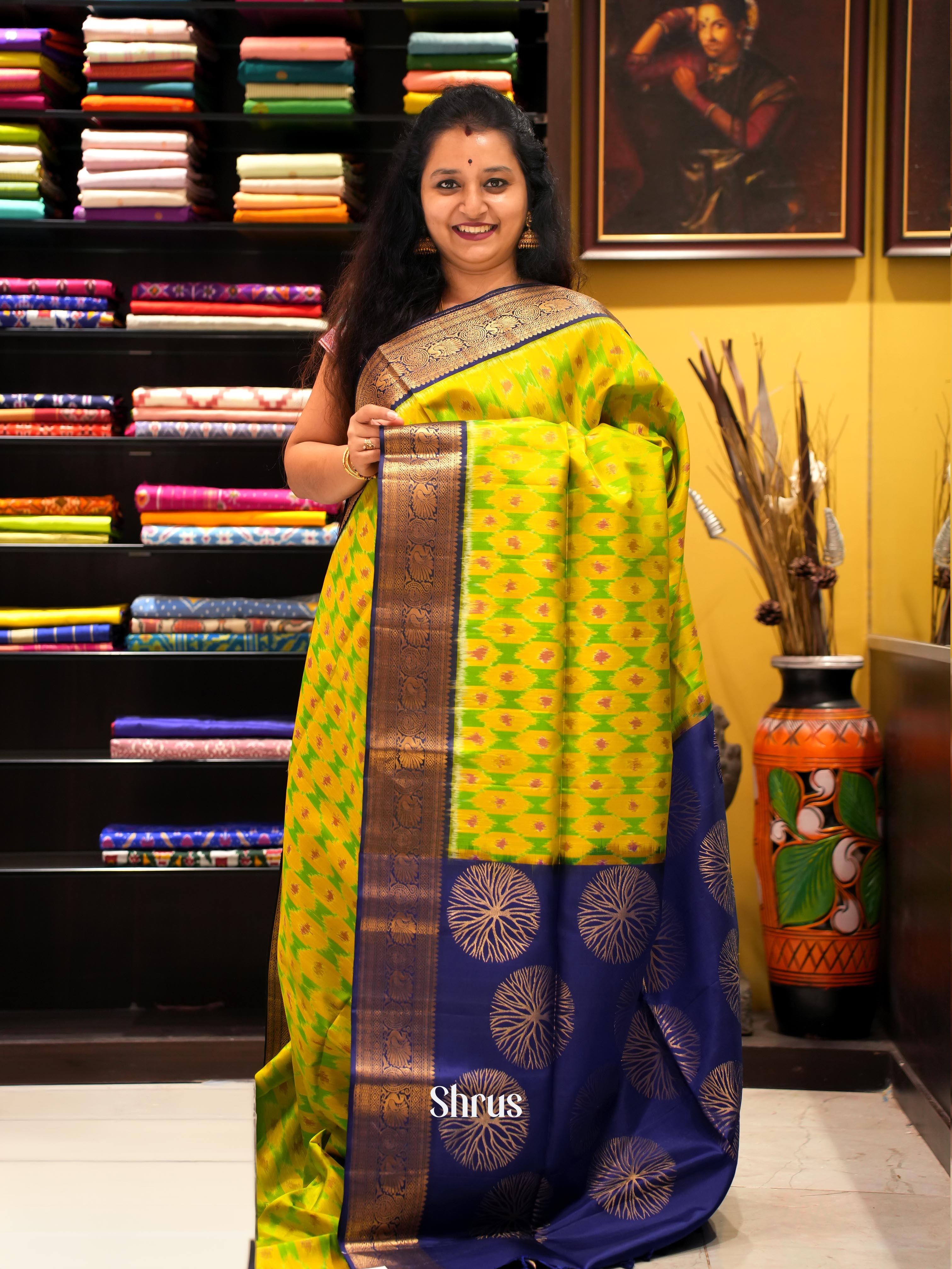 Mustard & Blue - Soft Silk Saree - Shop on ShrusEternity.com