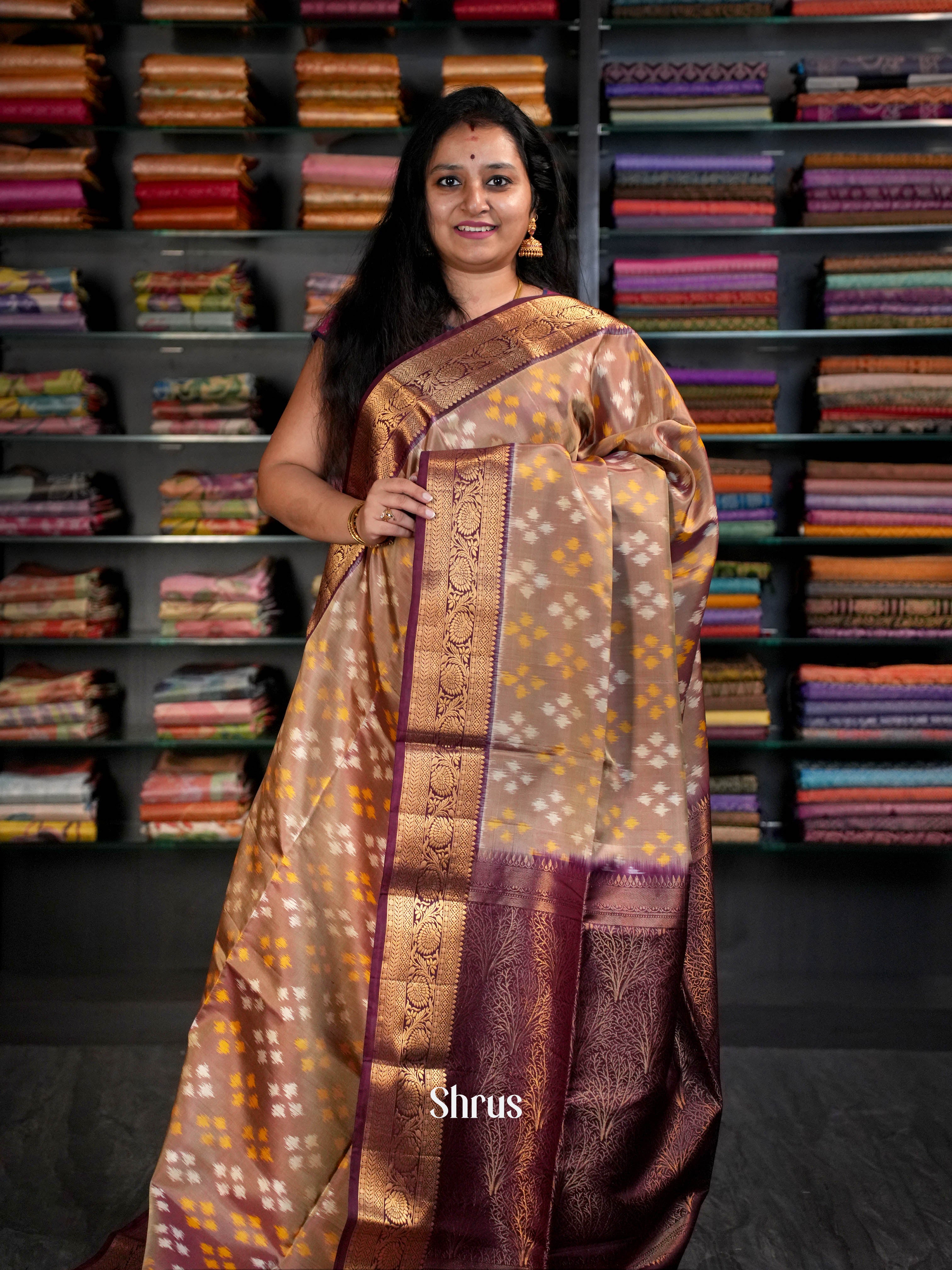 Brown & Purple - Kanchi Border Soft Silk Saree - Shop on ShrusEternity.com