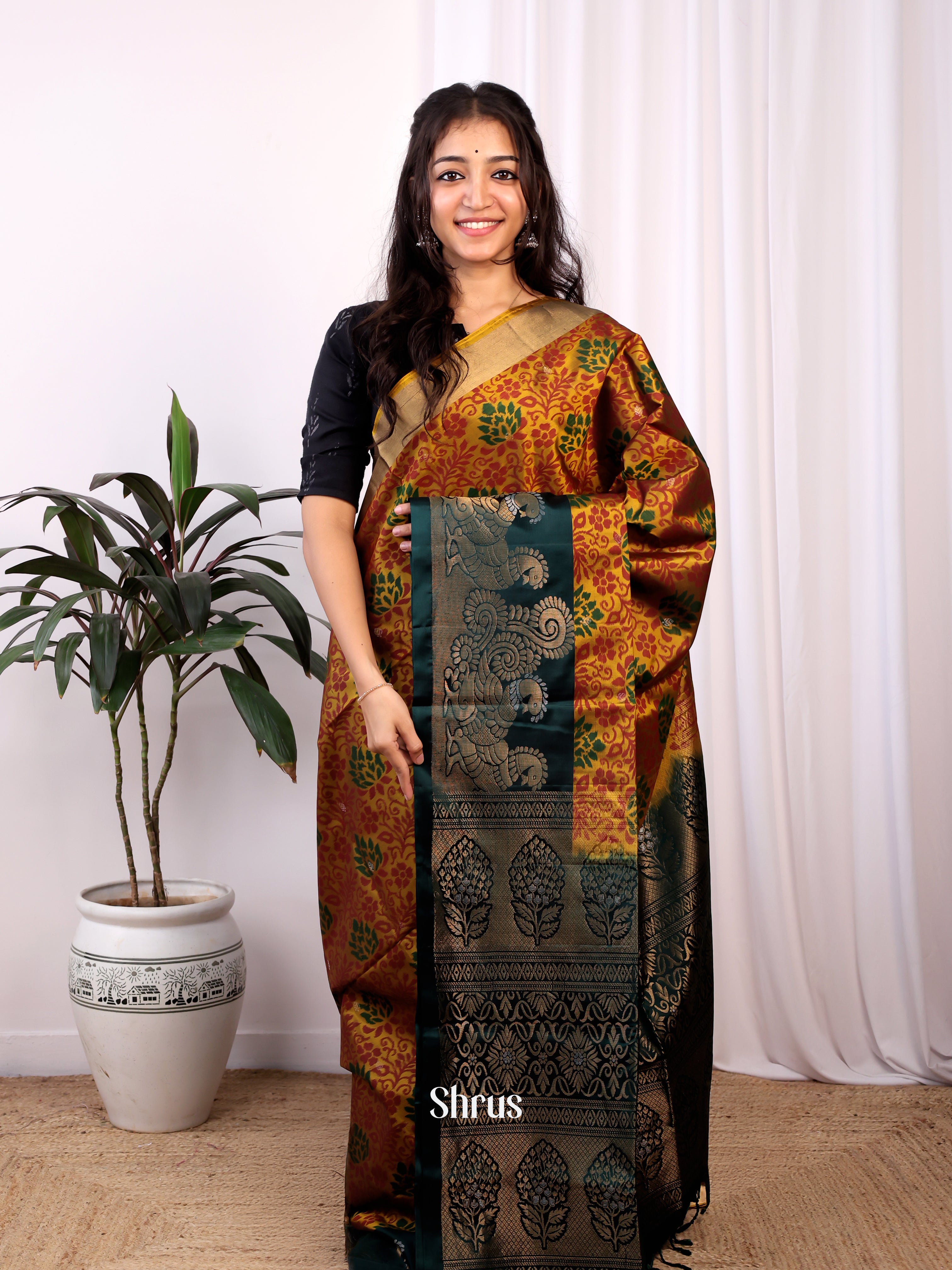 Mustard & Green - Soft Silk Saree - Shop on ShrusEternity.com