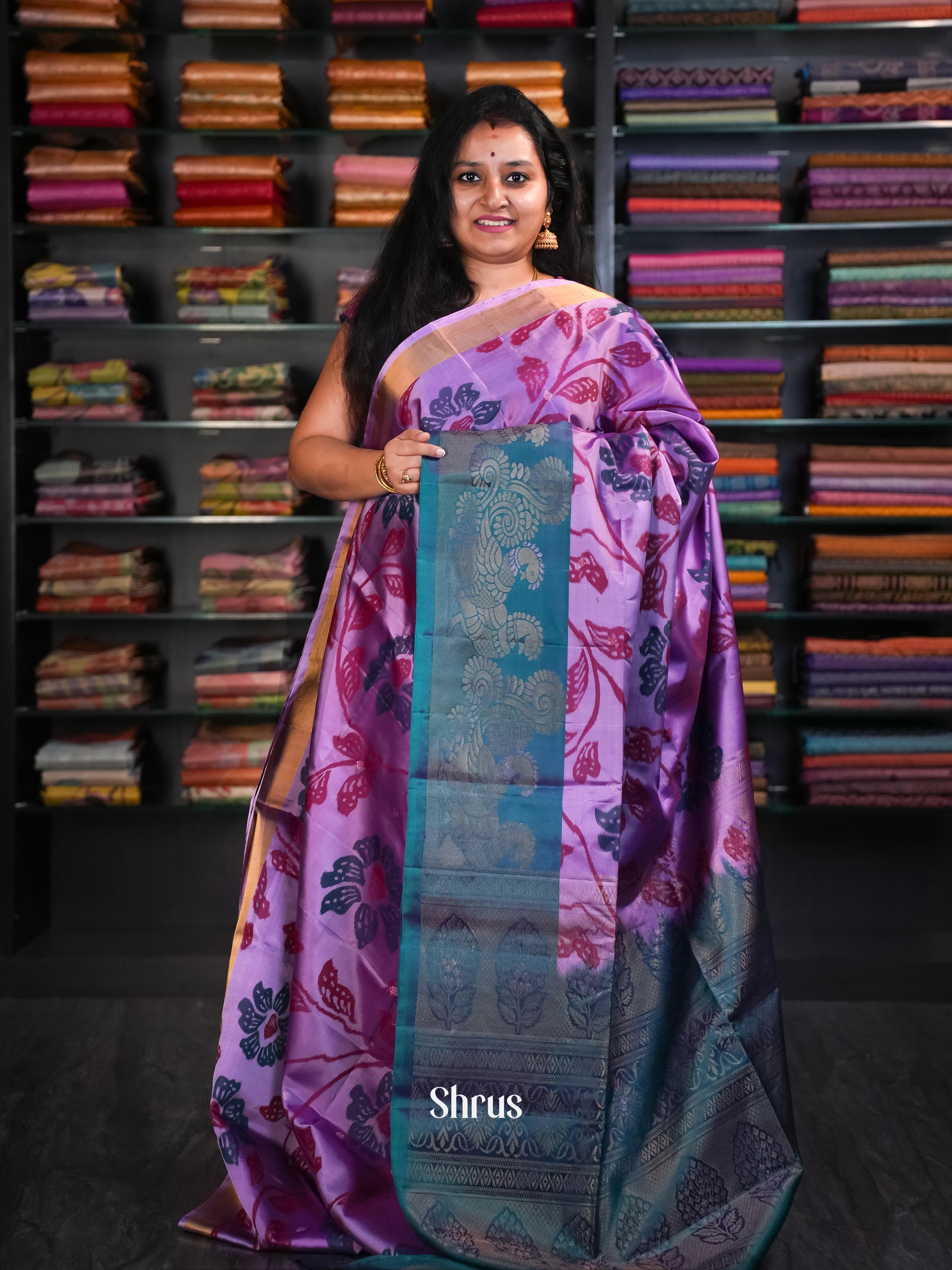 Lavendar & Peacock Green - Soft Silk Saree-1
