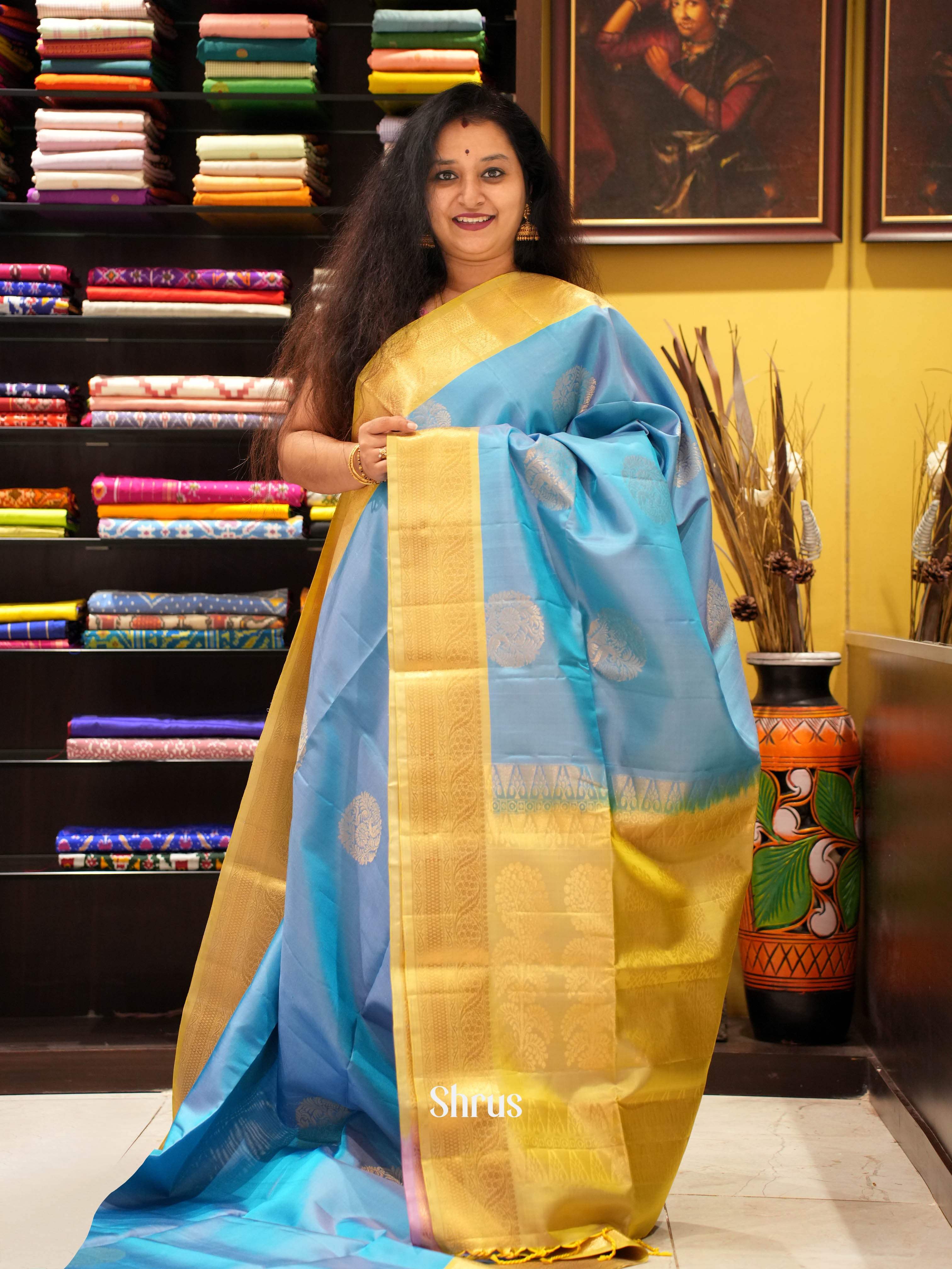 Blue & Yellow - Soft Silk Saree - Shop on ShrusEternity.com