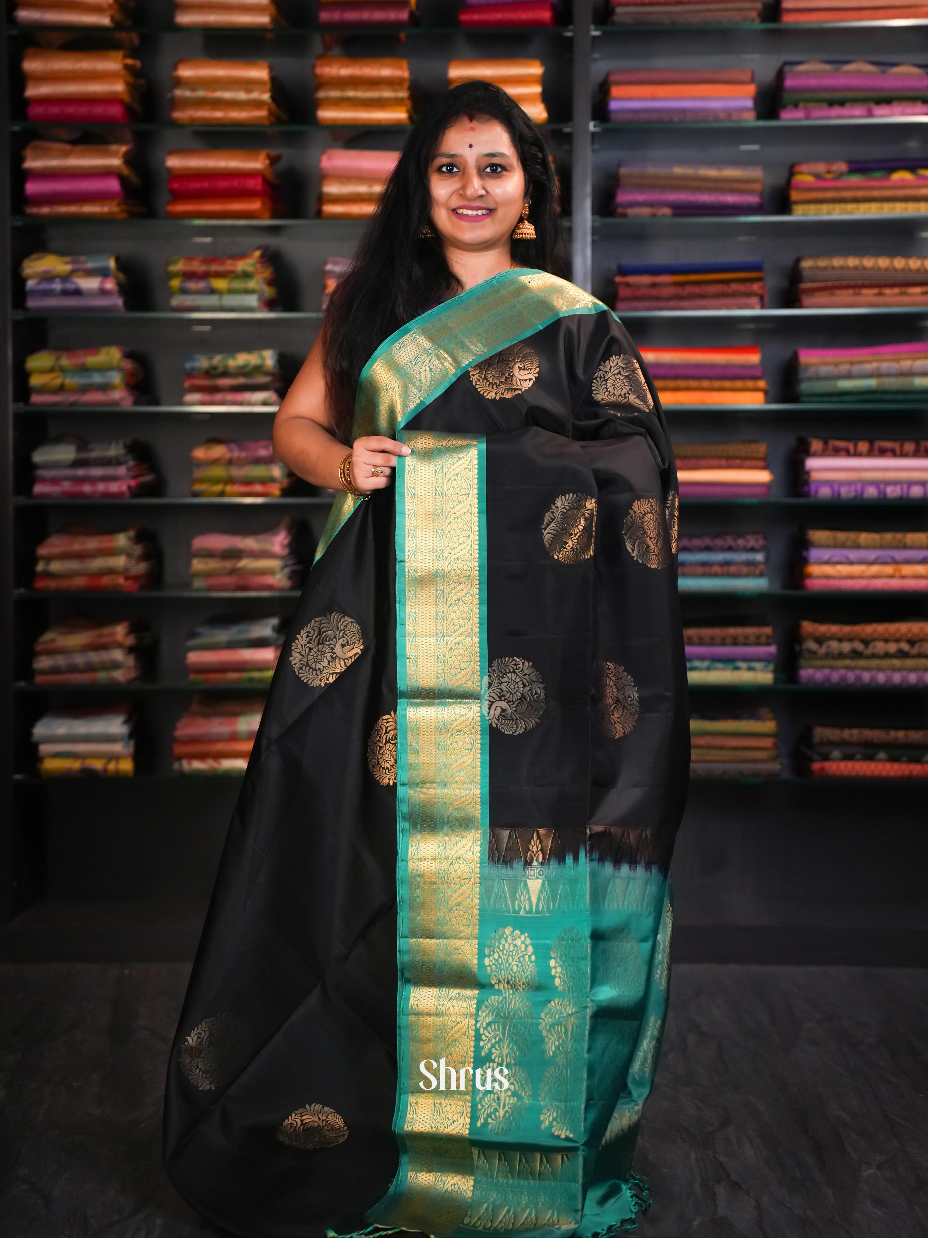 Black & Teal - Soft Silk Saree - Shop on ShrusEternity.com