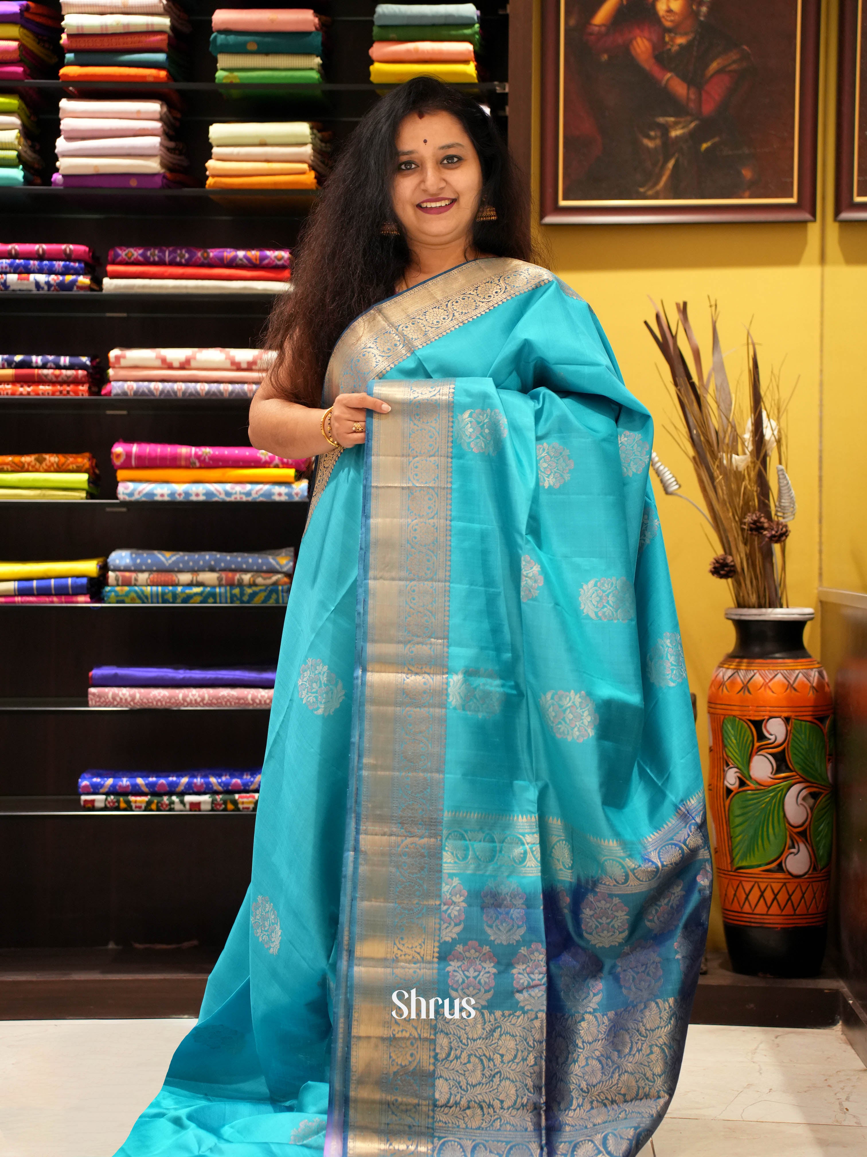 Teal & Blue - Soft Silk Saree - Shop on ShrusEternity.com