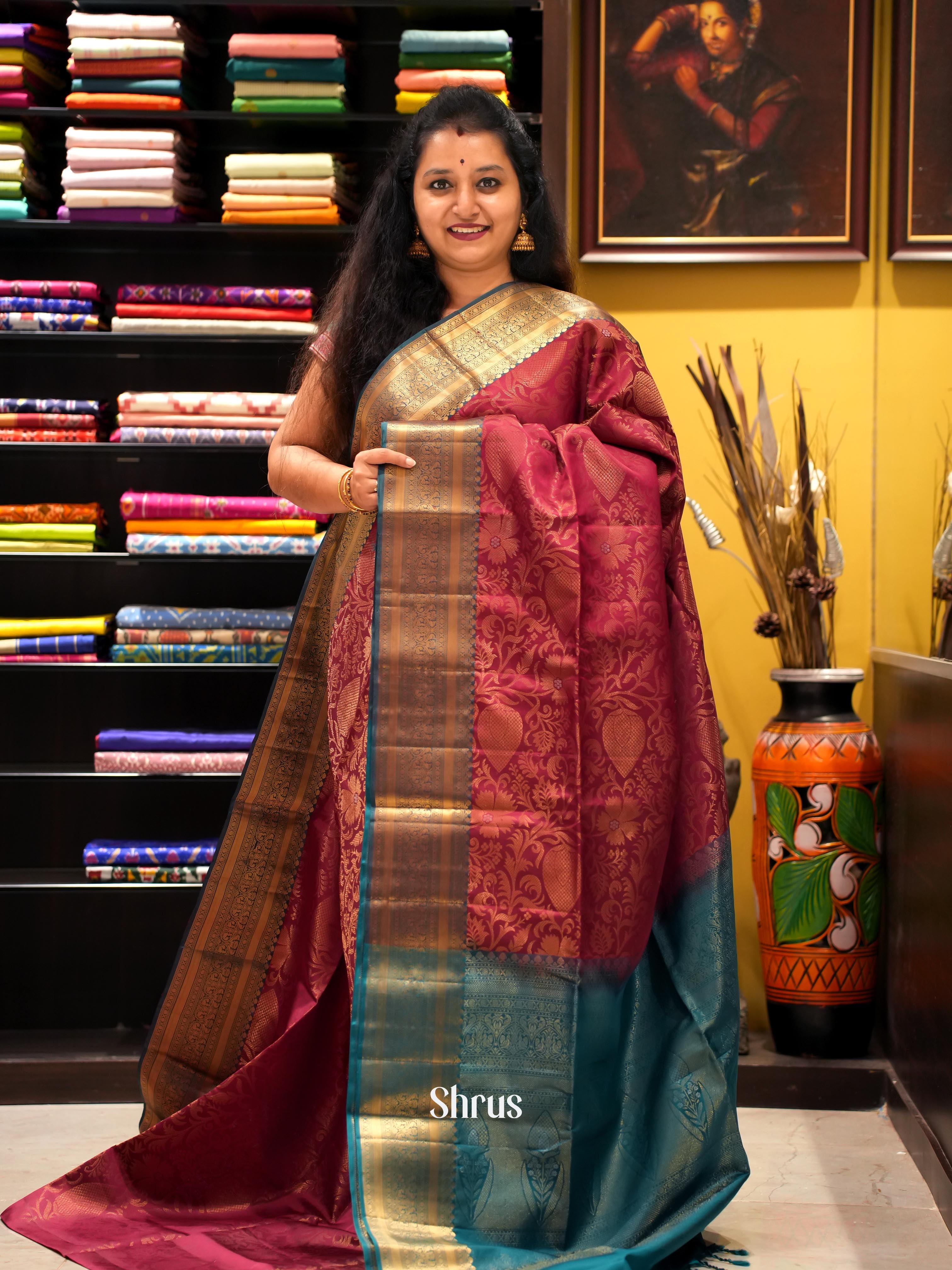 Maroon & Blue - Soft Silk Saree - Shop on ShrusEternity.com