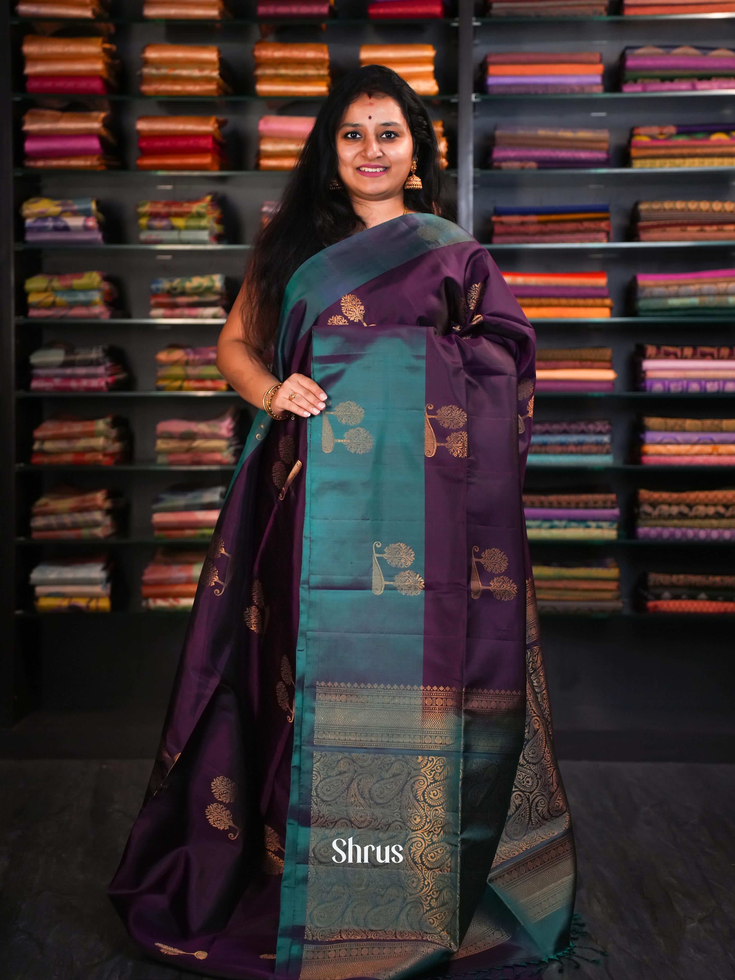 Burgundy & Double Shaded Green - Soft Silk Saree - Shop on ShrusEternity.com