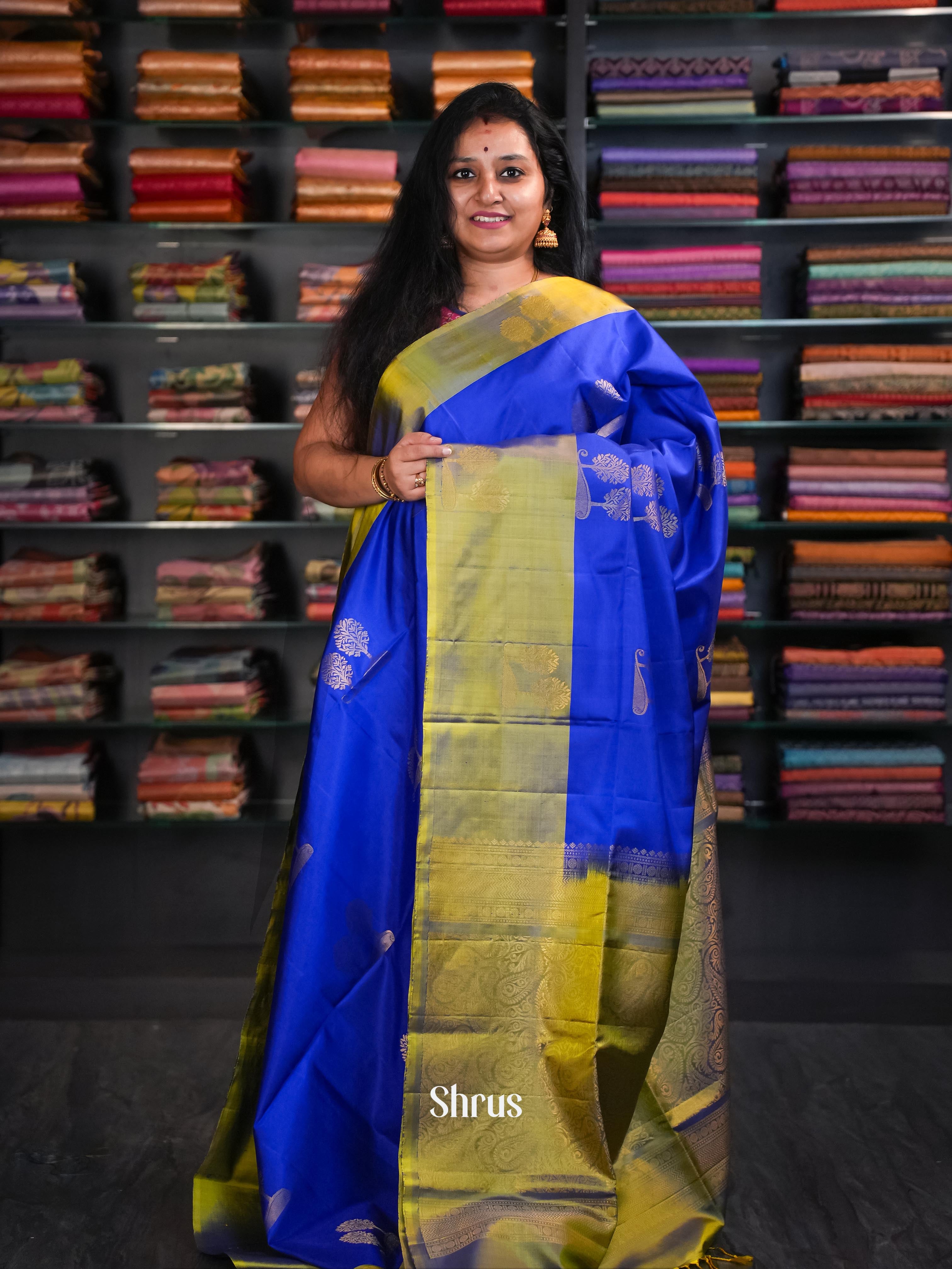 Royal Blue & Fenugreek Gold - Soft Silk Saree - Shop on ShrusEternity.com
