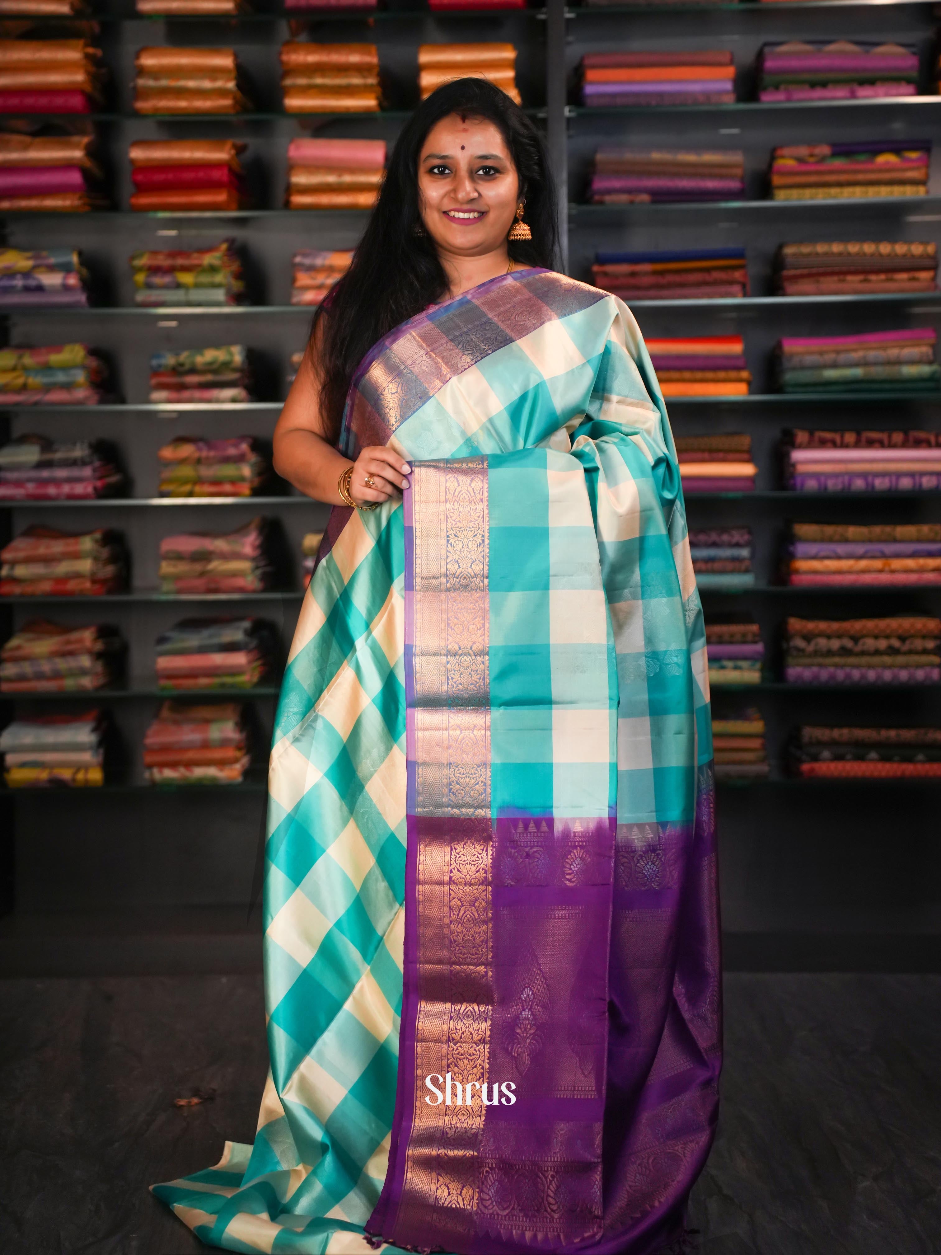 Teal & Purple - Soft Silk Saree - Shop on ShrusEternity.com