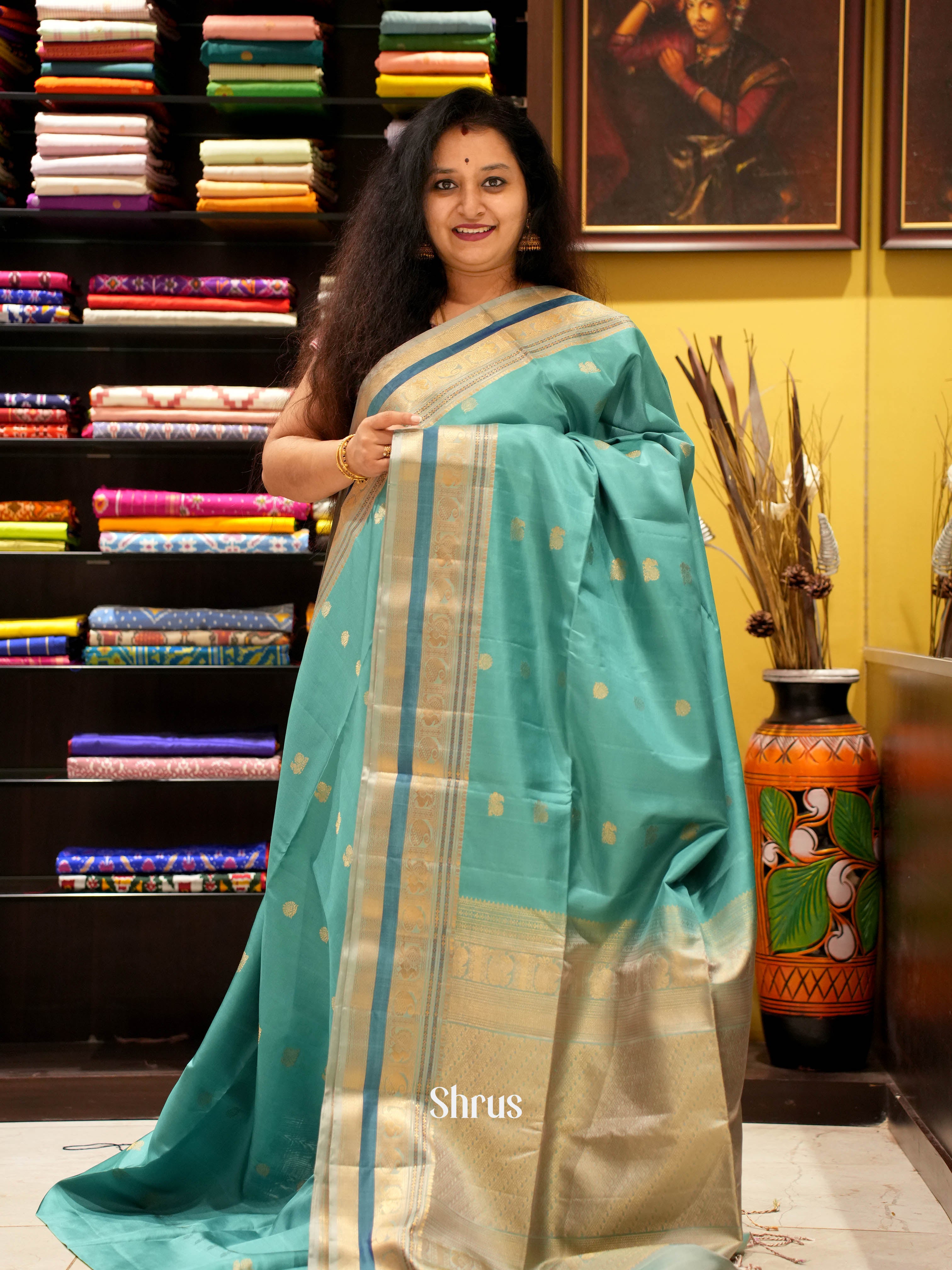 Teal & Grey- Soft Silk Saree-1