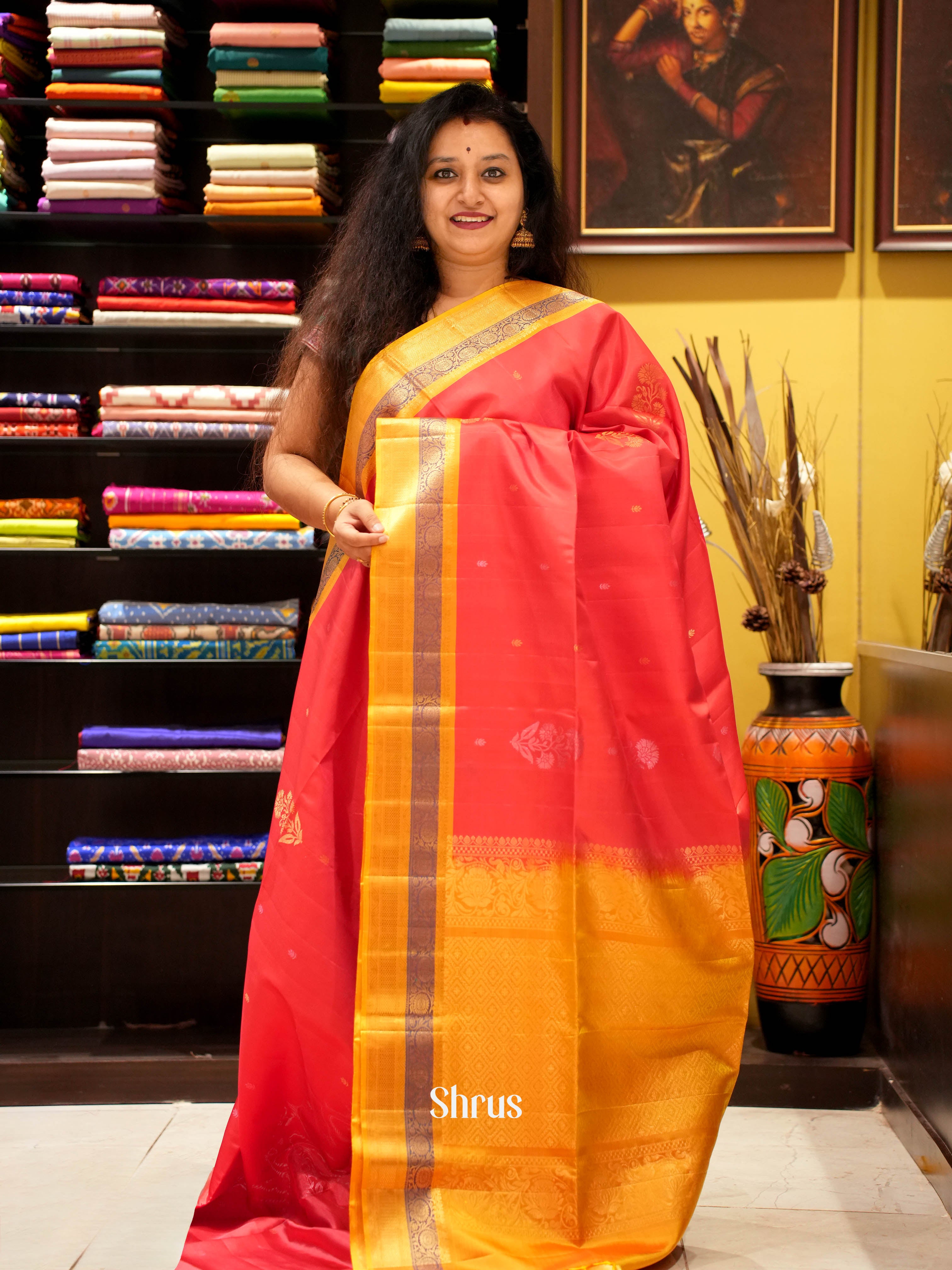 Red & Yellow- Soft Silk Saree - Shop on ShrusEternity.com