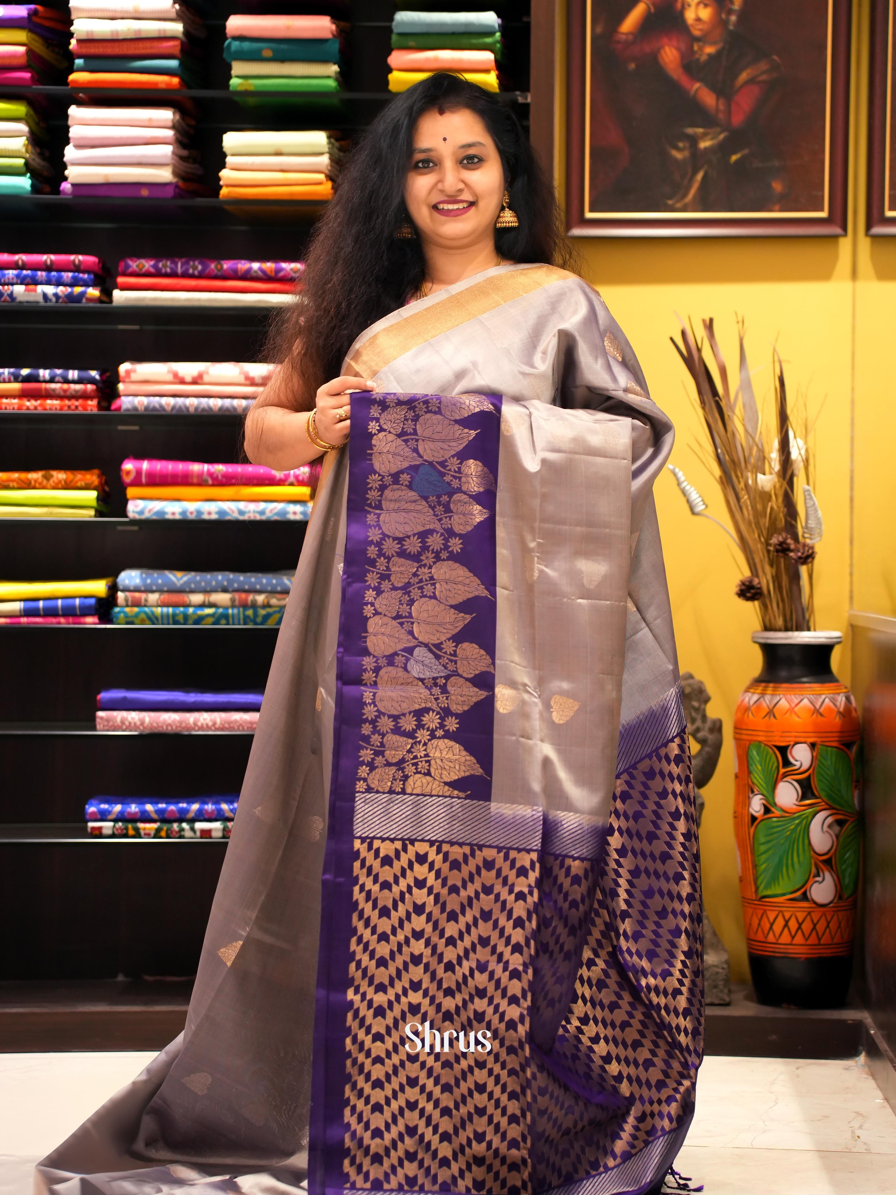 Grey & Violet - Soft Silk Saree - Shop on ShrusEternity.com