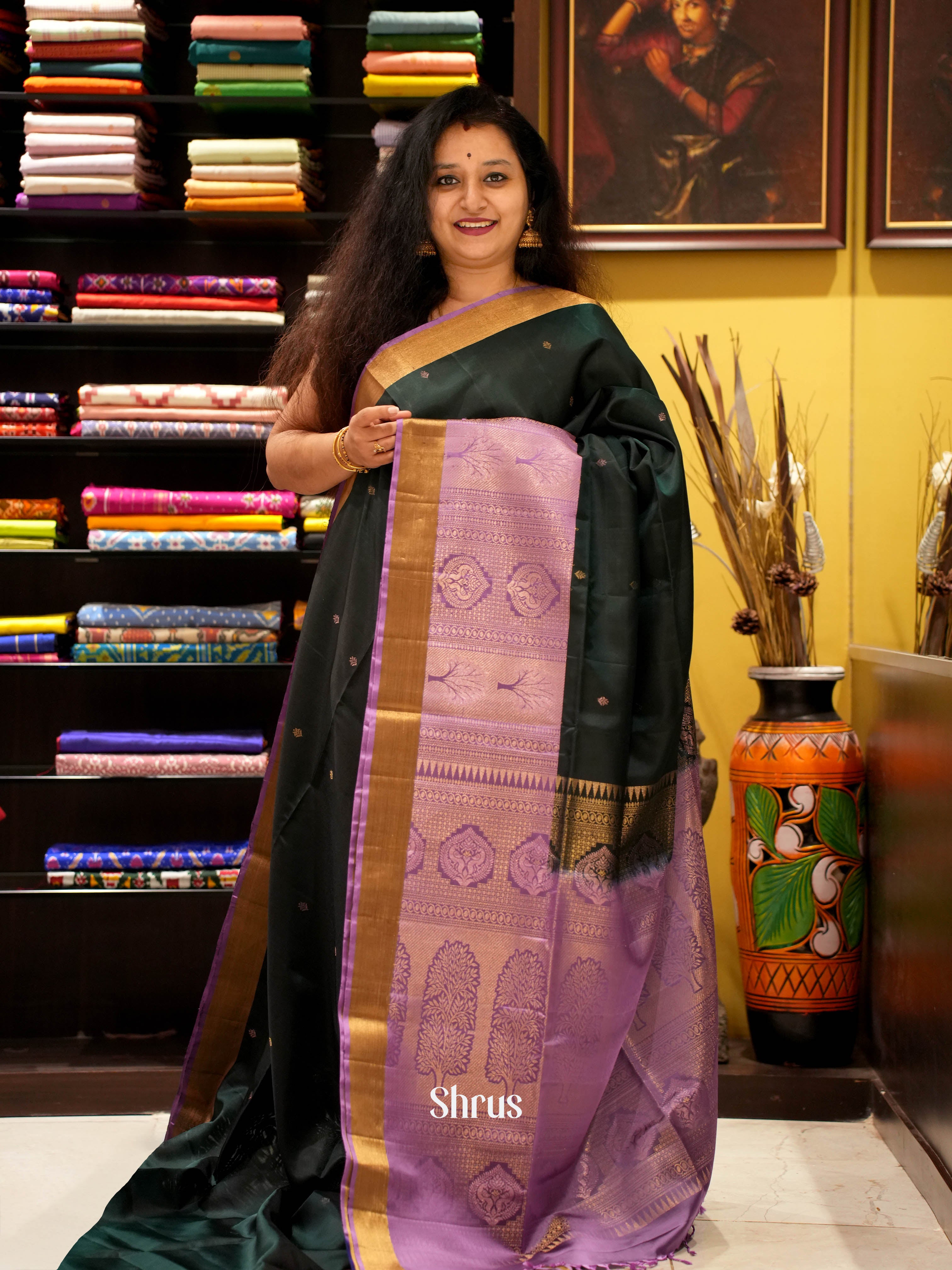 Dark Green & Purple - Soft Silk Saree - Shop on ShrusEternity.com