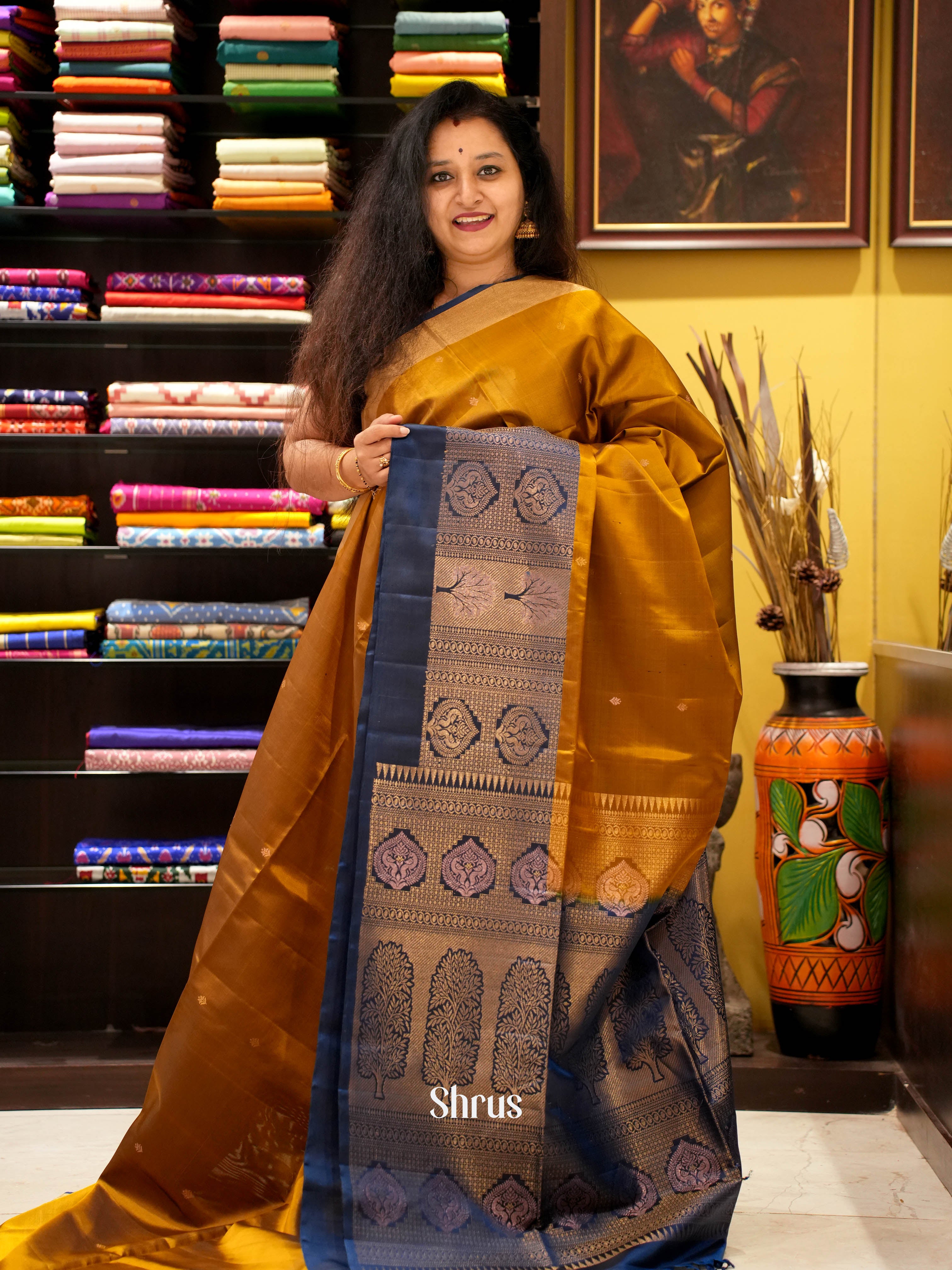 Goldish Brown & Blue - Soft Silk Saree - Shop on ShrusEternity.com