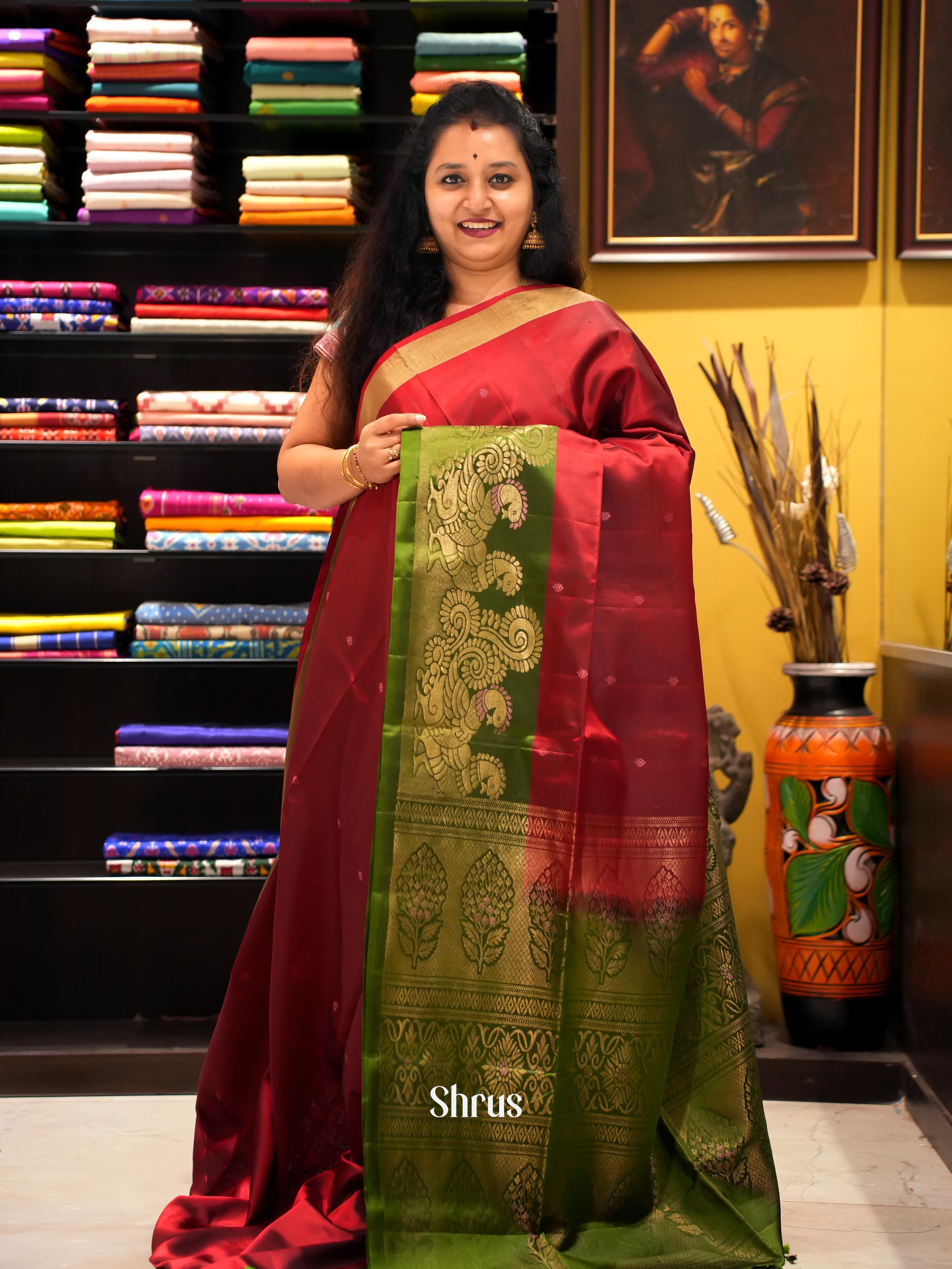 Maroon & Green - Soft Silk Saree - Shop on ShrusEternity.com