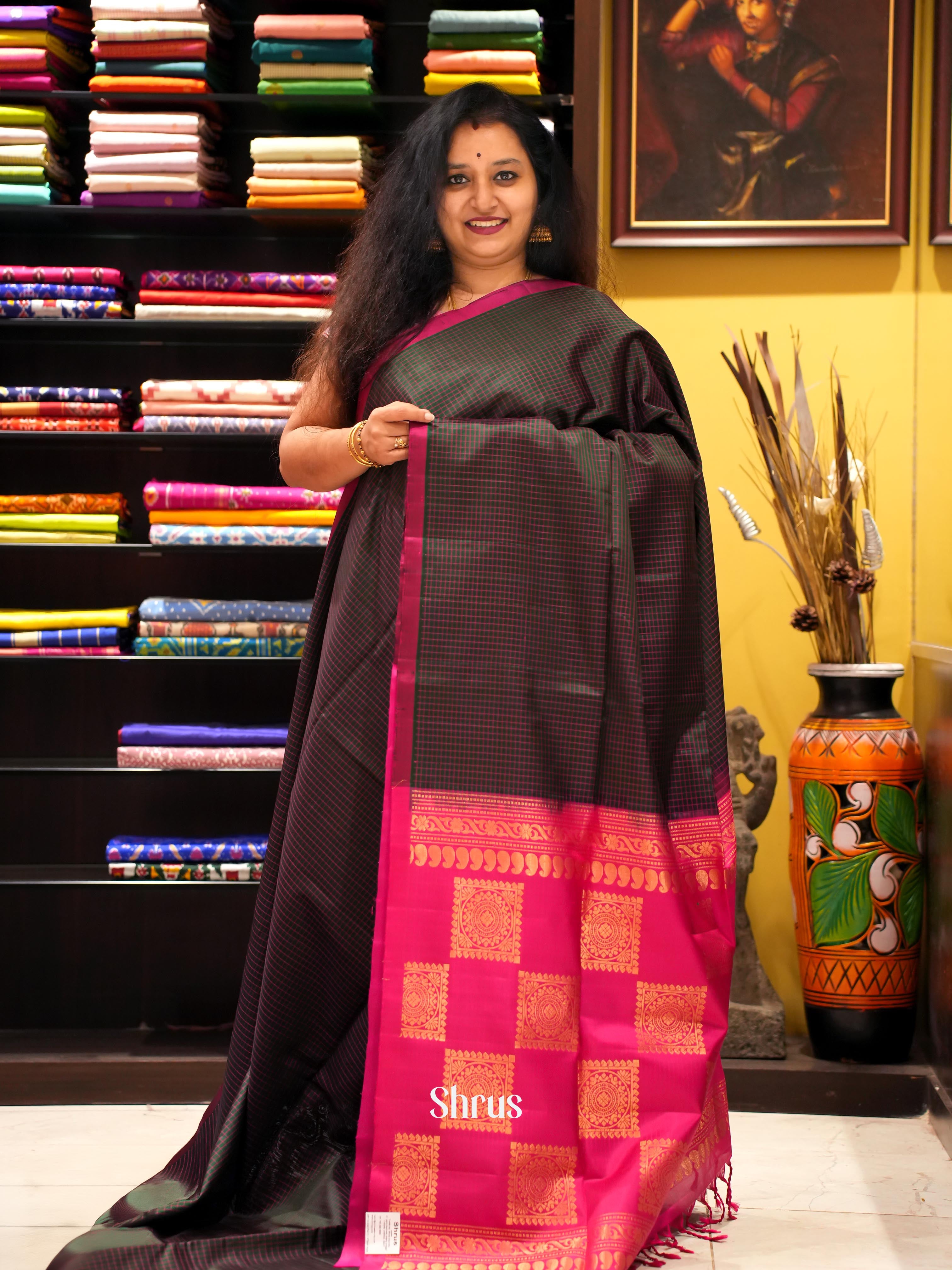 Dark Green & Pink - Soft Silk Saree - Shop on ShrusEternity.com