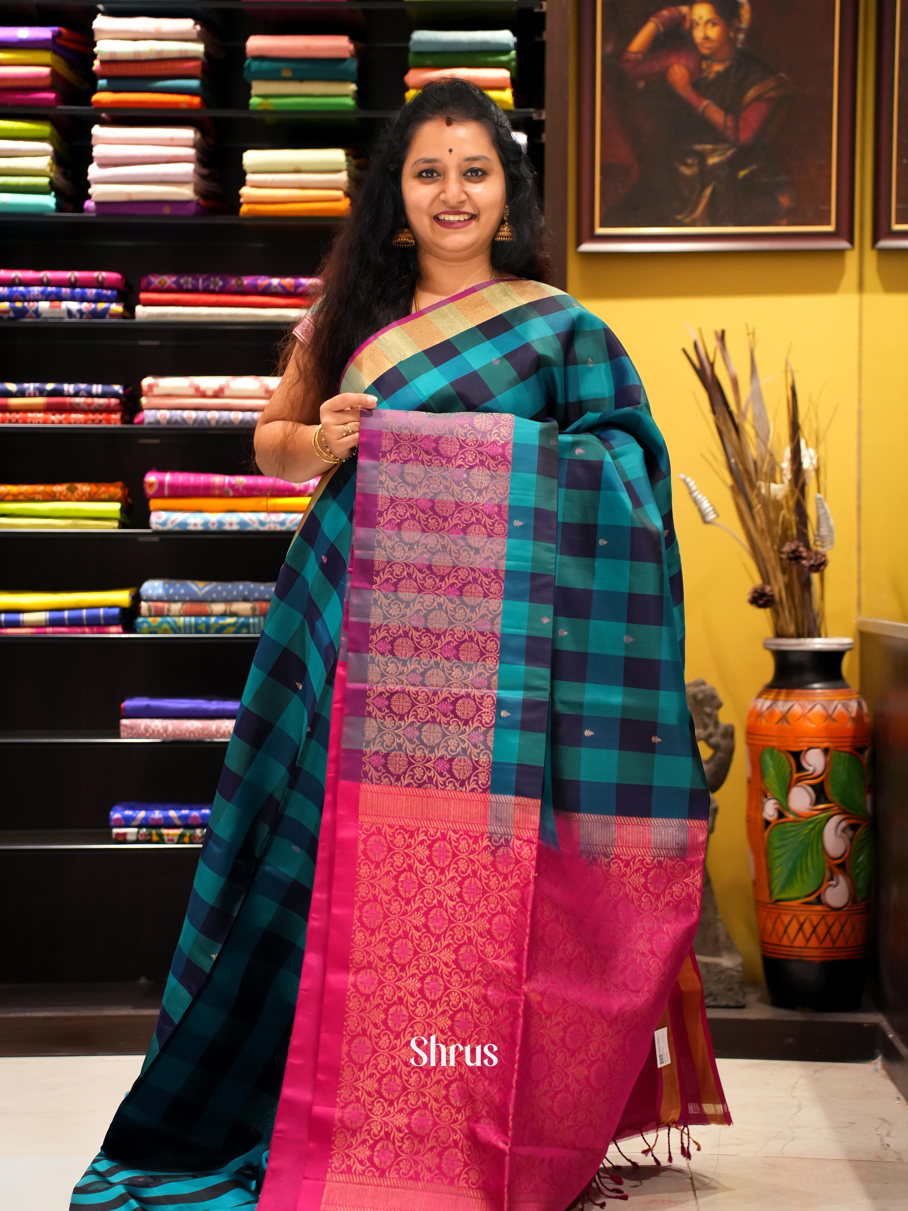 Blue & Pink - Soft Silk Saree - Shop on ShrusEternity.com