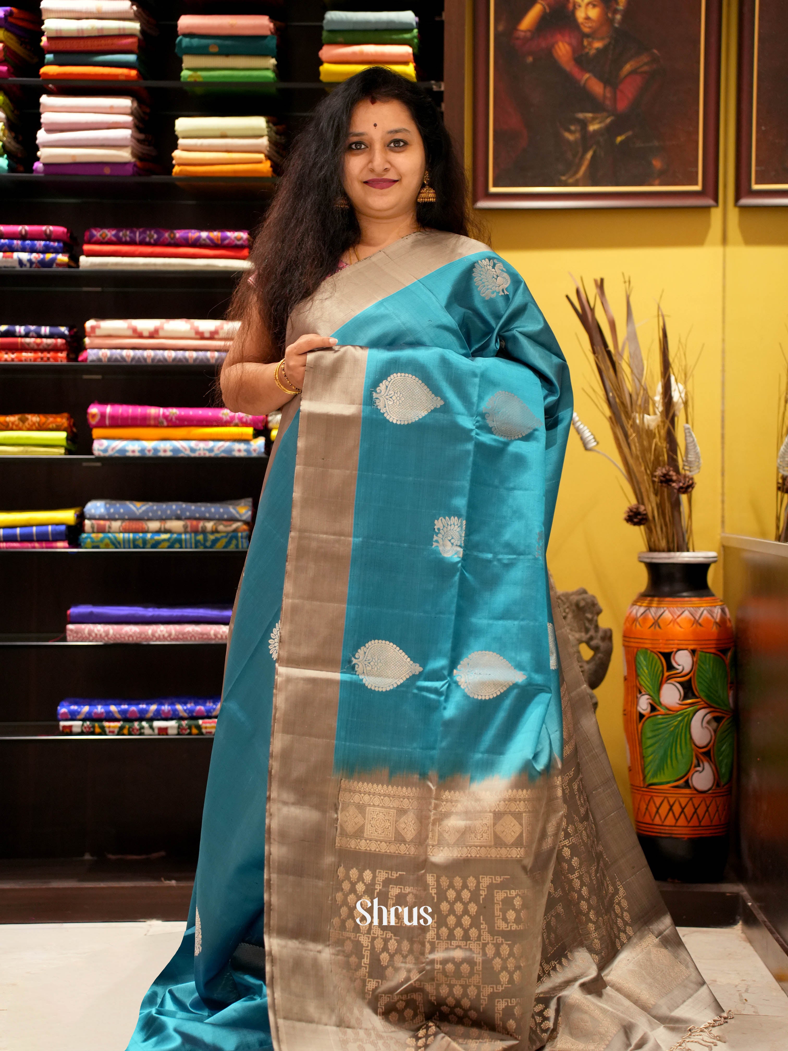 Blue & Grey - Soft Silk Saree - Shop on ShrusEternity.com