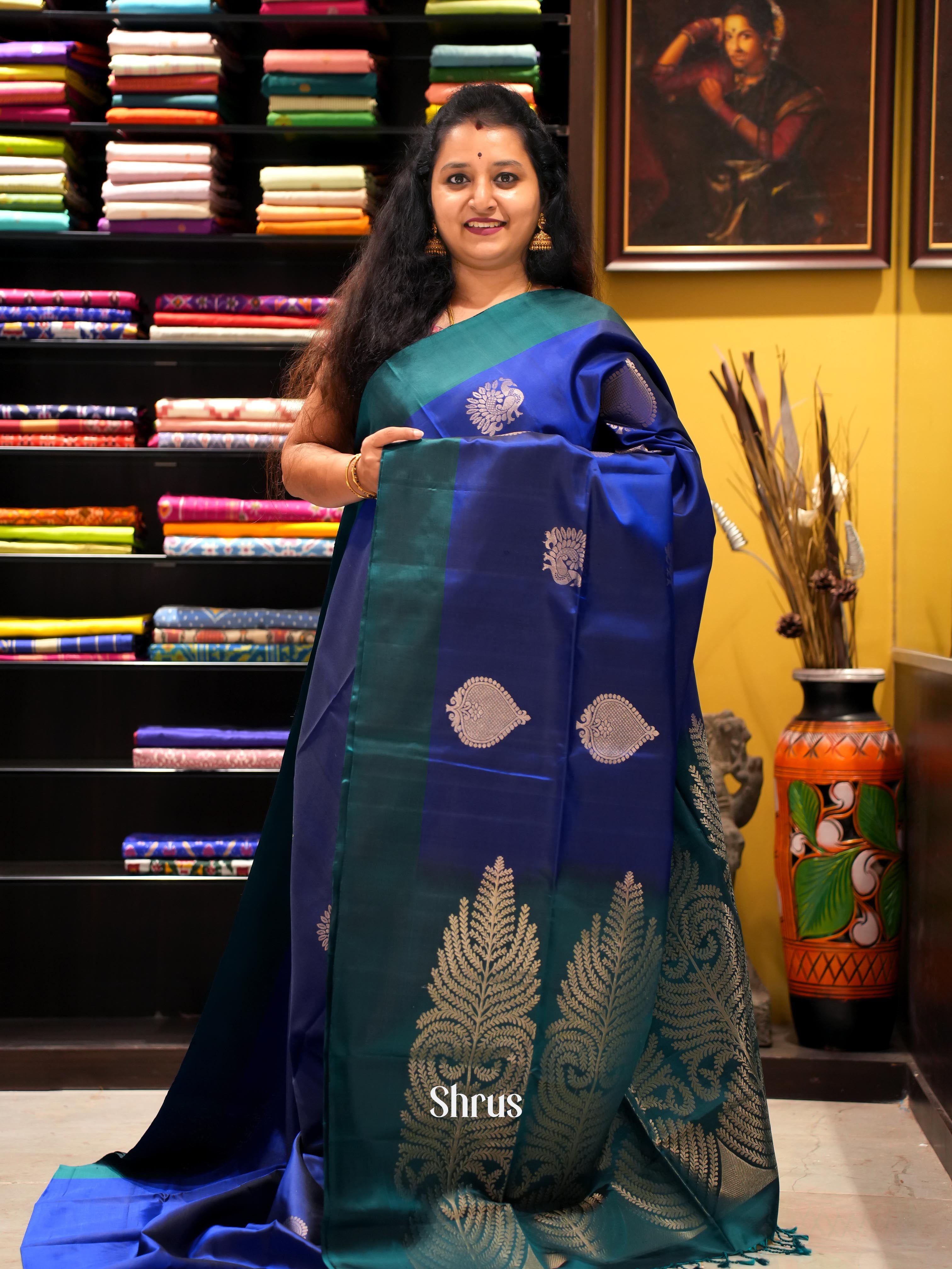 Blue & Green - Soft Silk Saree - Shop on ShrusEternity.com