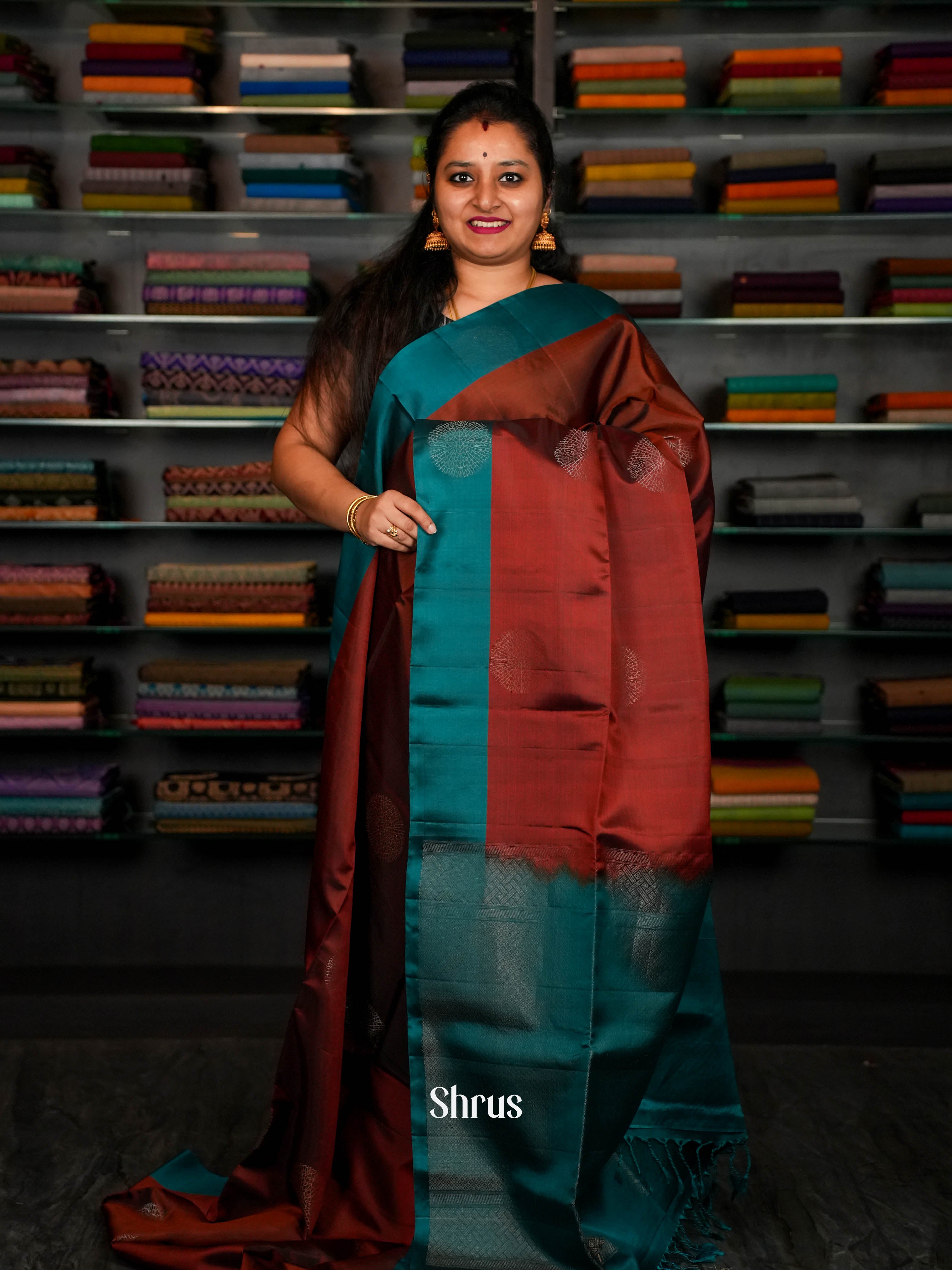 Bluish Green & Sienna Brown - Softsilk-halfpure Saree - Shop on ShrusEternity.com