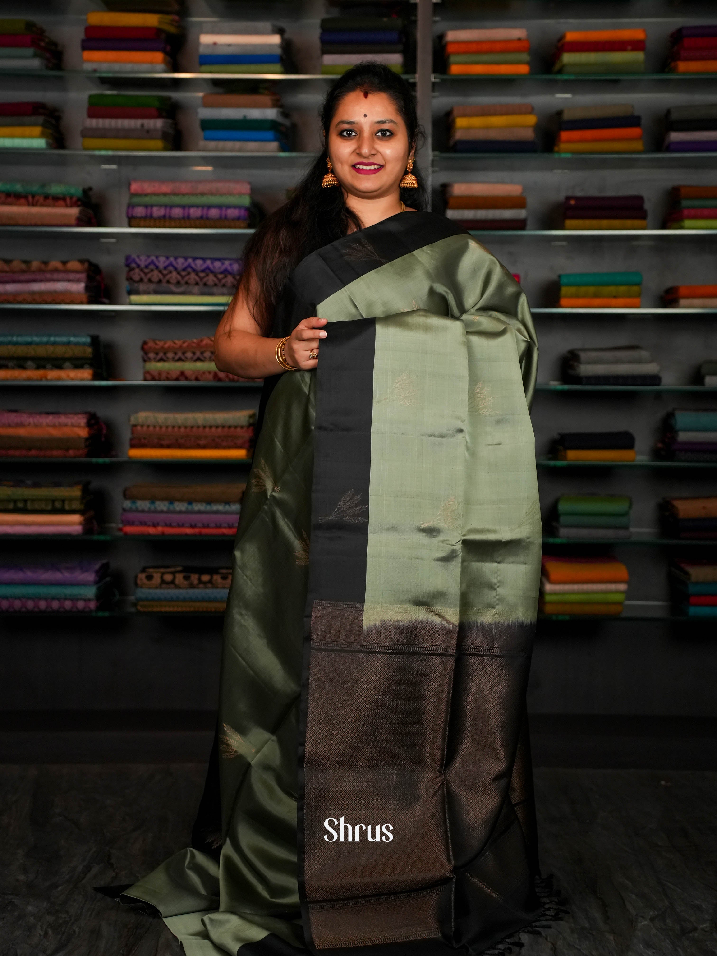 Black & Olive Grey - Softsilk-halfpure Saree - Shop on ShrusEternity.com