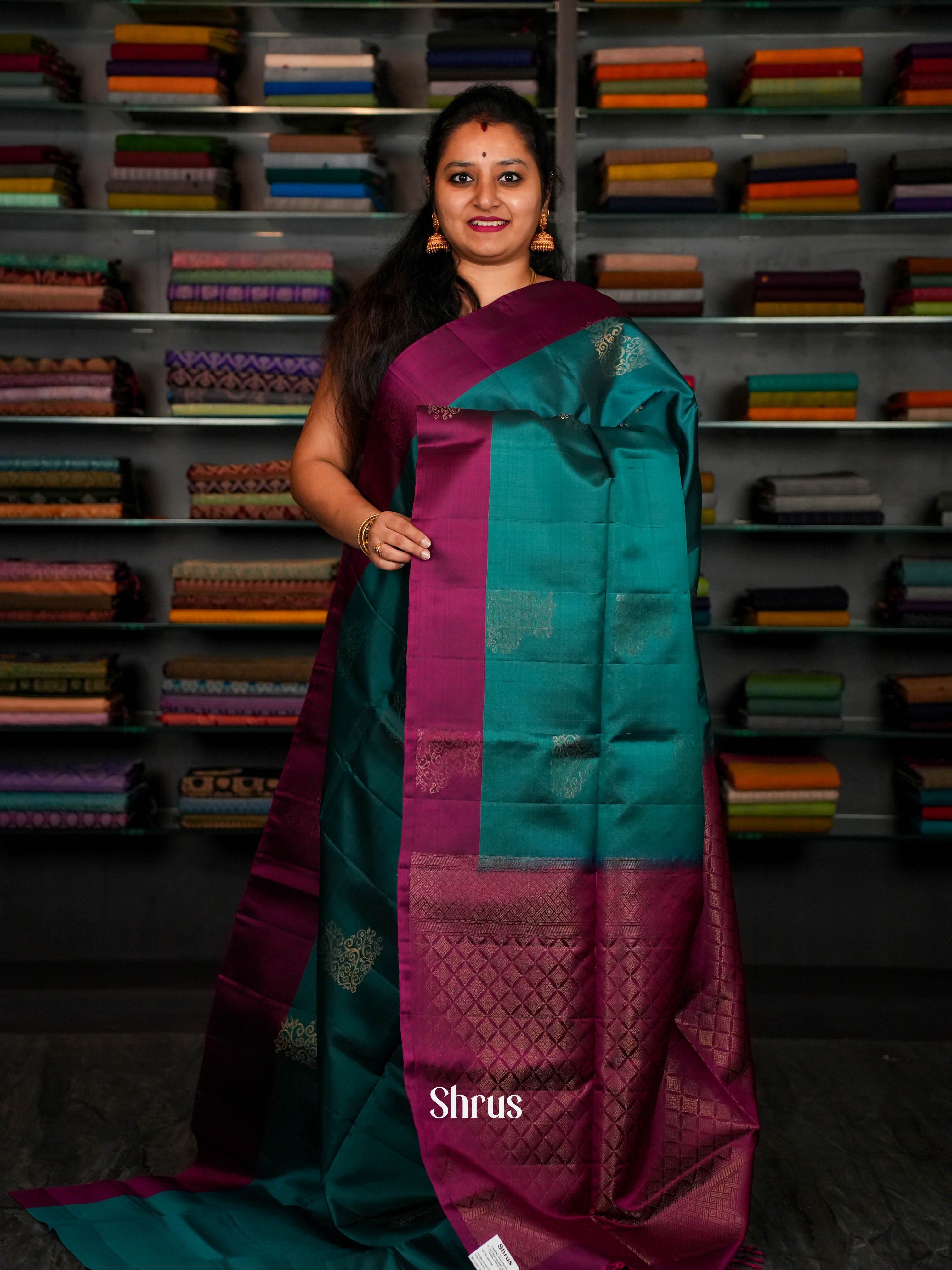 Violet Red & Green - Softsilk-halfpure Saree - Shop on ShrusEternity.com