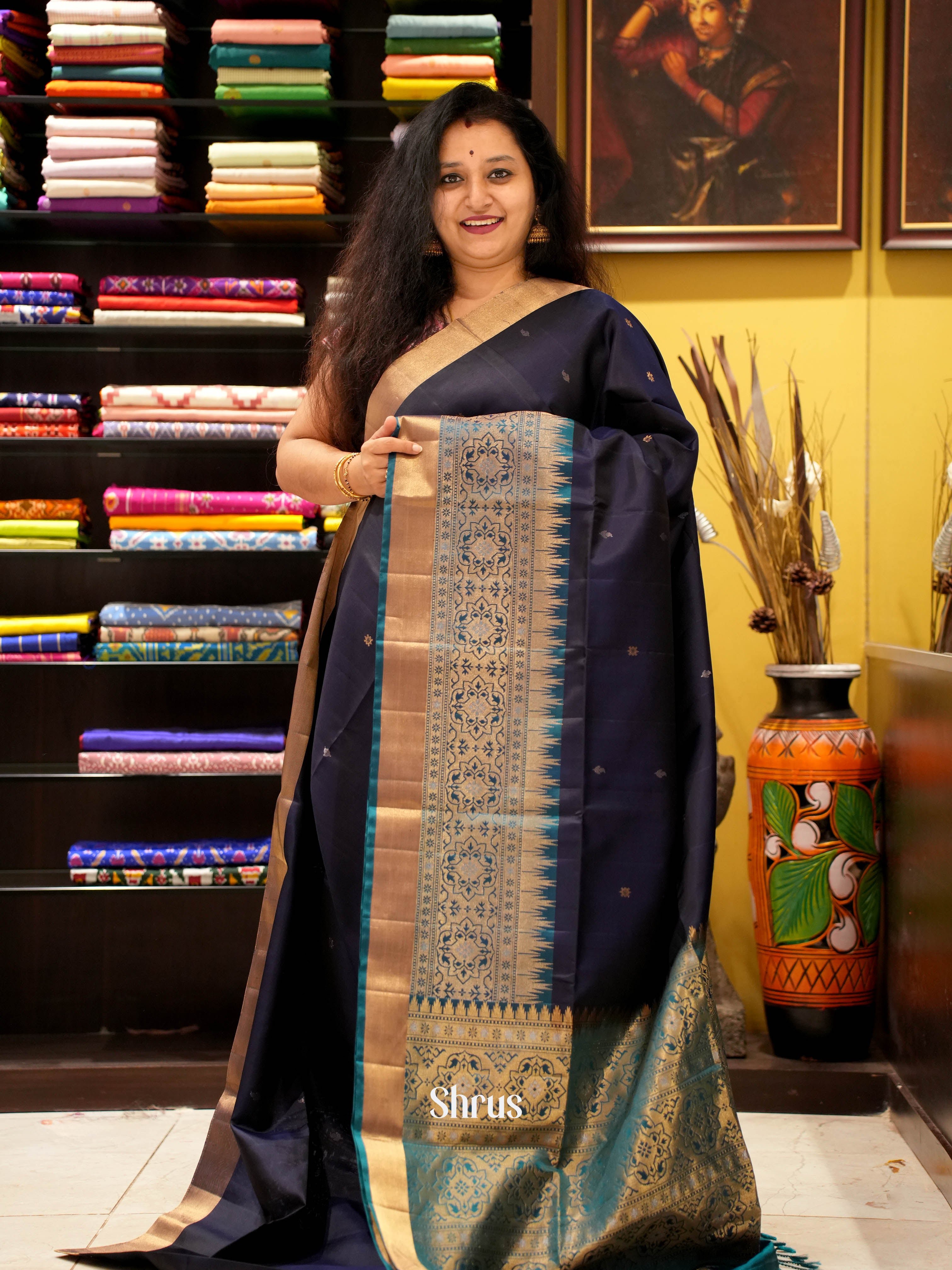 Navy Blue & Blue - Soft Silk Saree - Shop on ShrusEternity.com
