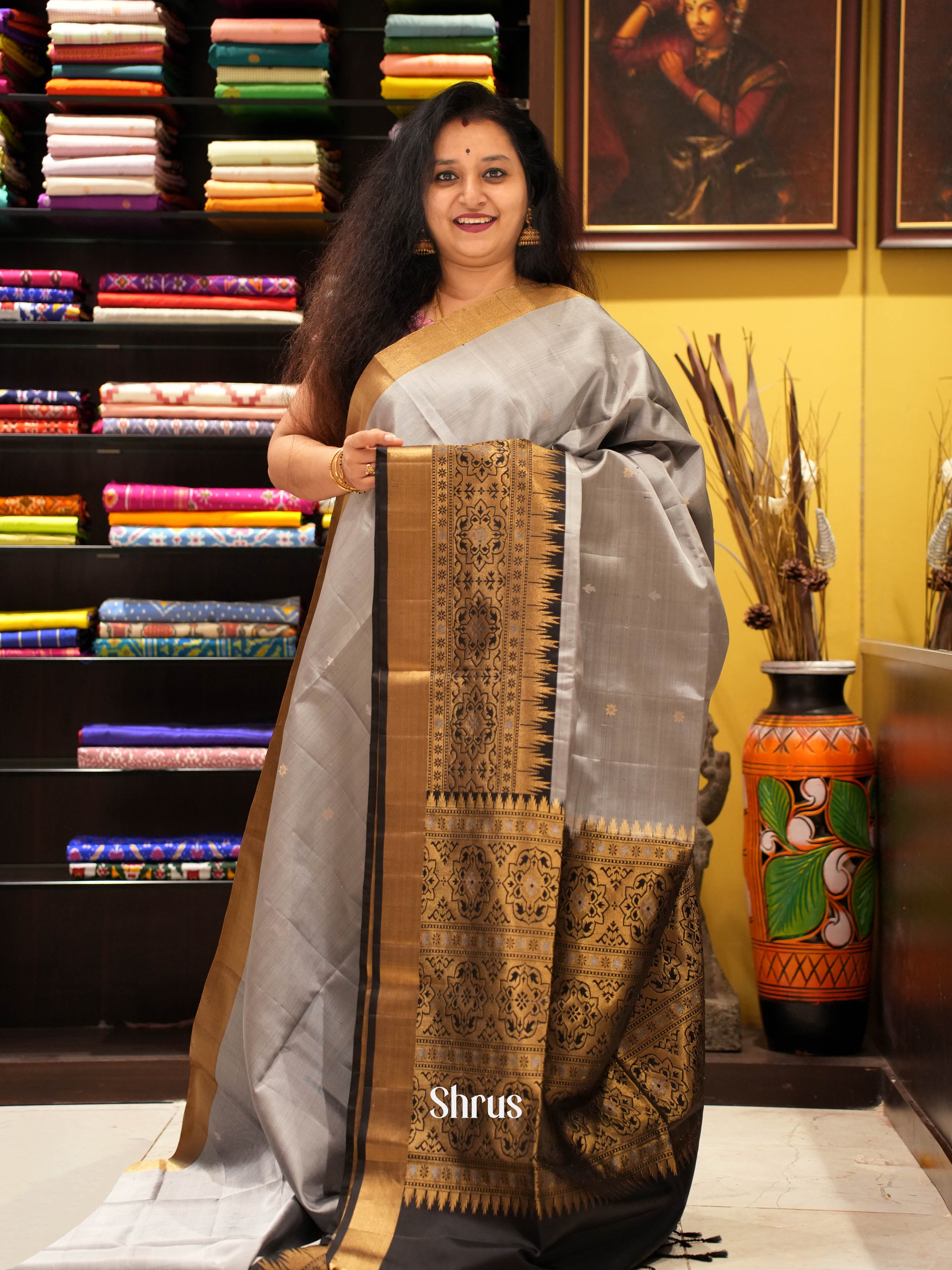 Grey & Black - Soft Silk Saree - Shop on ShrusEternity.com