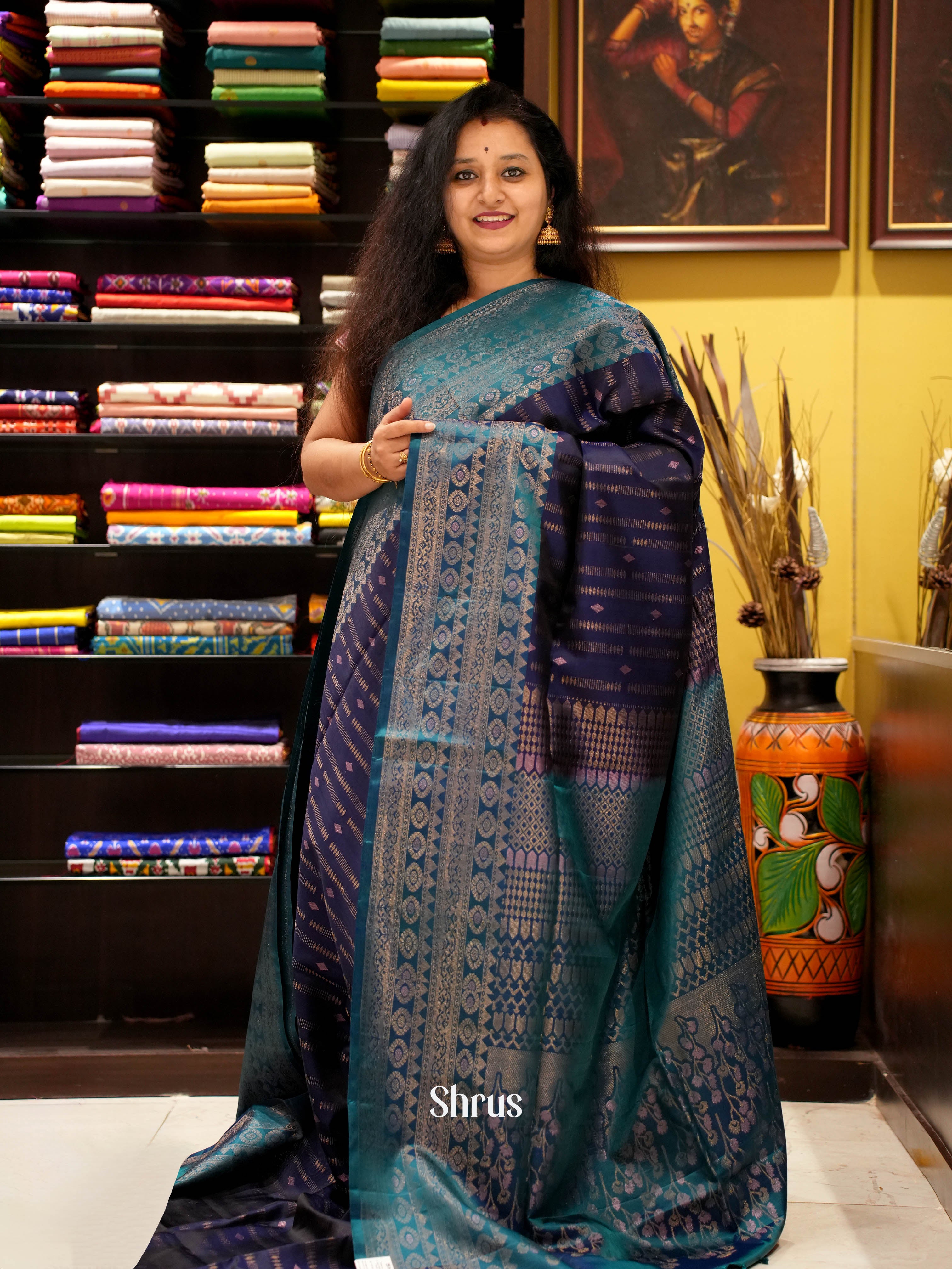 Blue & Teal - Soft Silk Saree - Shop on ShrusEternity.com