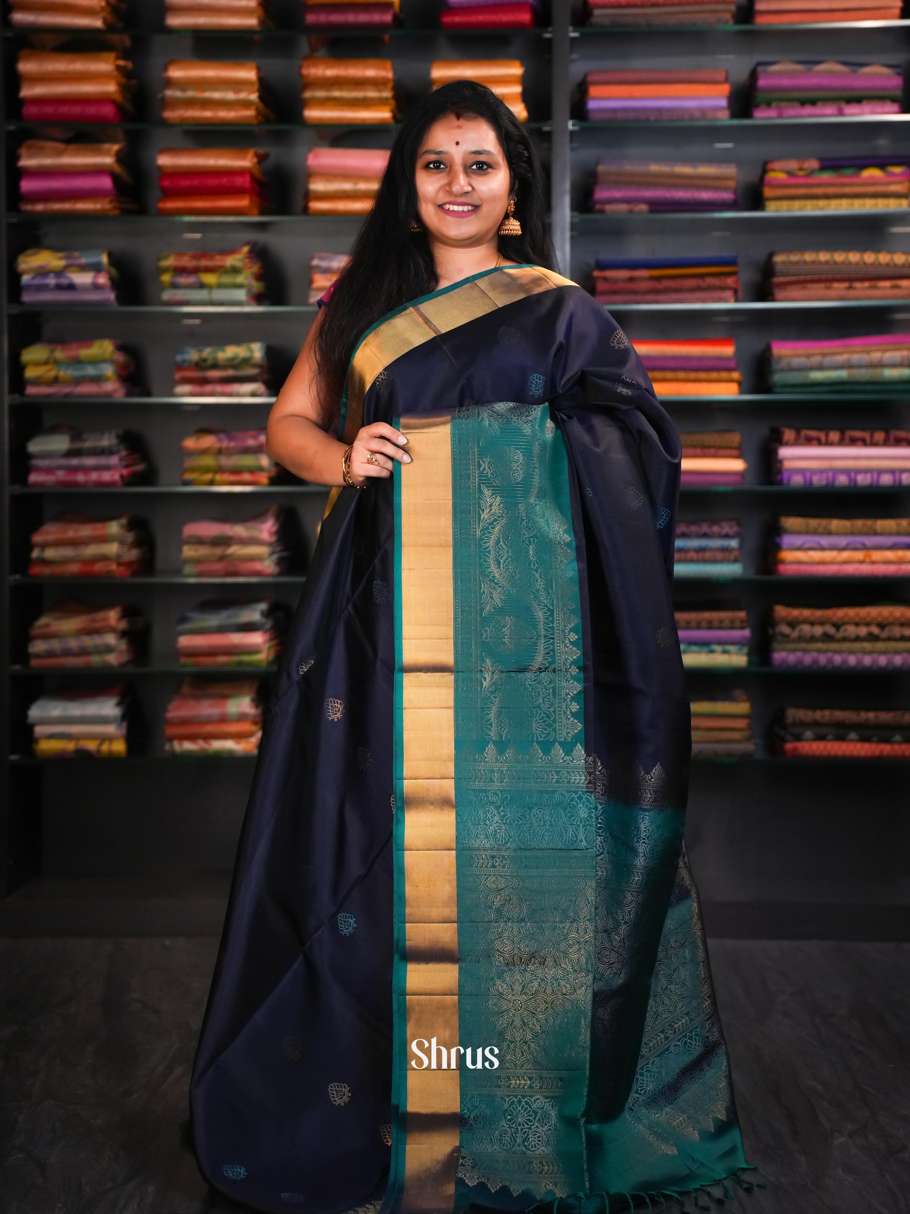 Green & Deep Blue - Soft Silk Saree - Shop on ShrusEternity.com