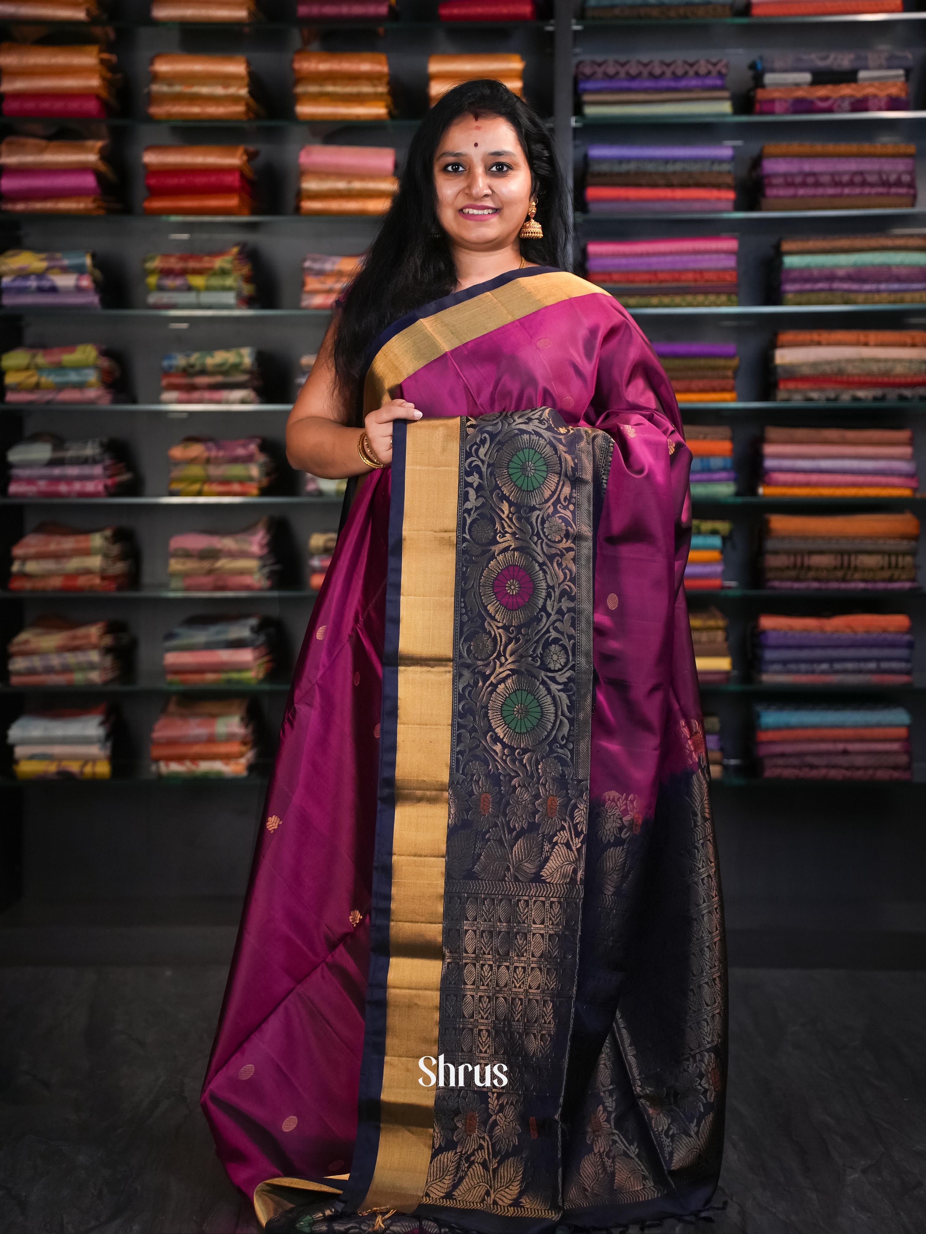 Navy Blue & Pinkish Maroon - Soft Silk Saree - Shop on ShrusEternity.com