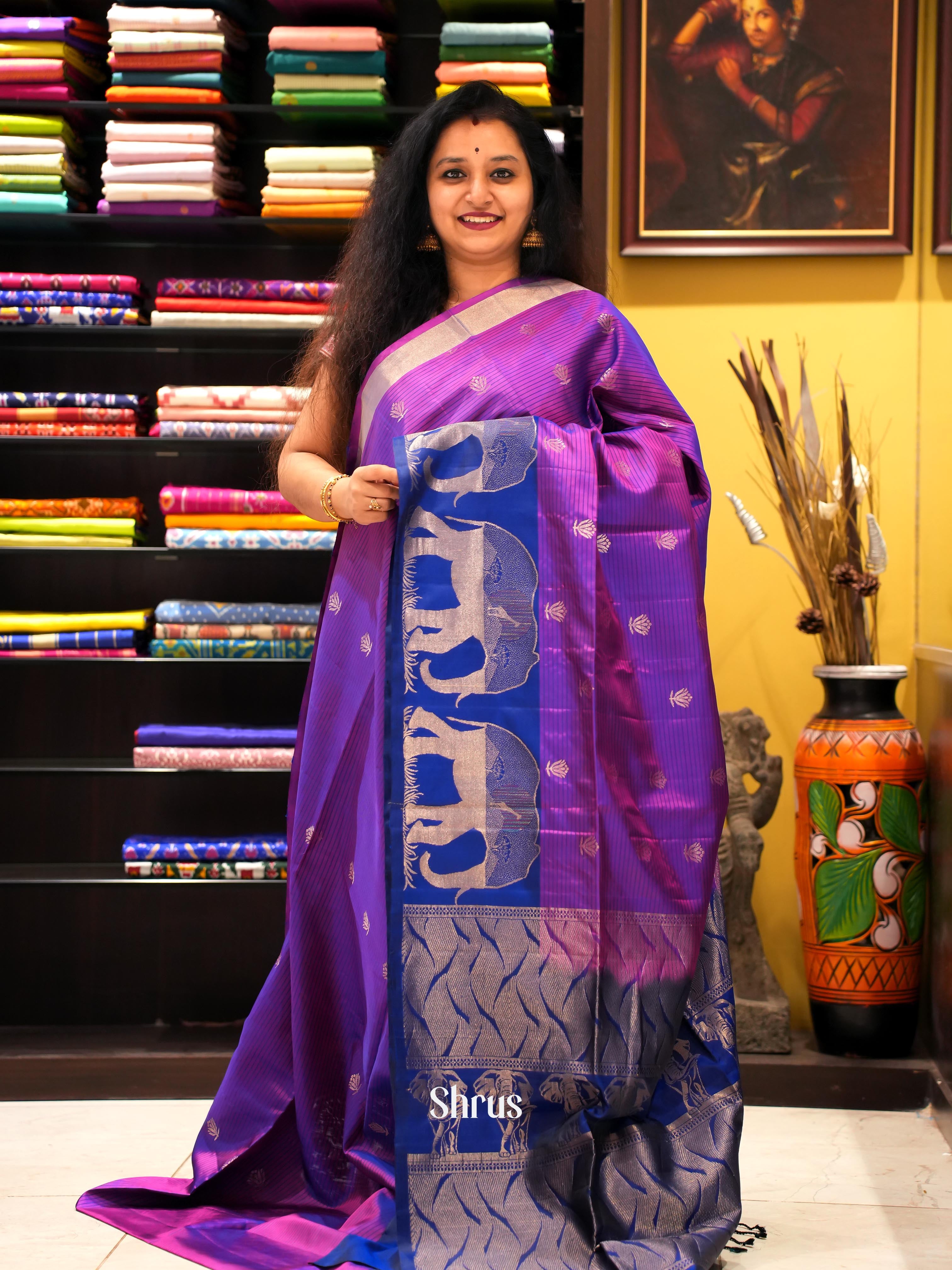 Purple & Blue - Soft Silk Saree - Shop on ShrusEternity.com
