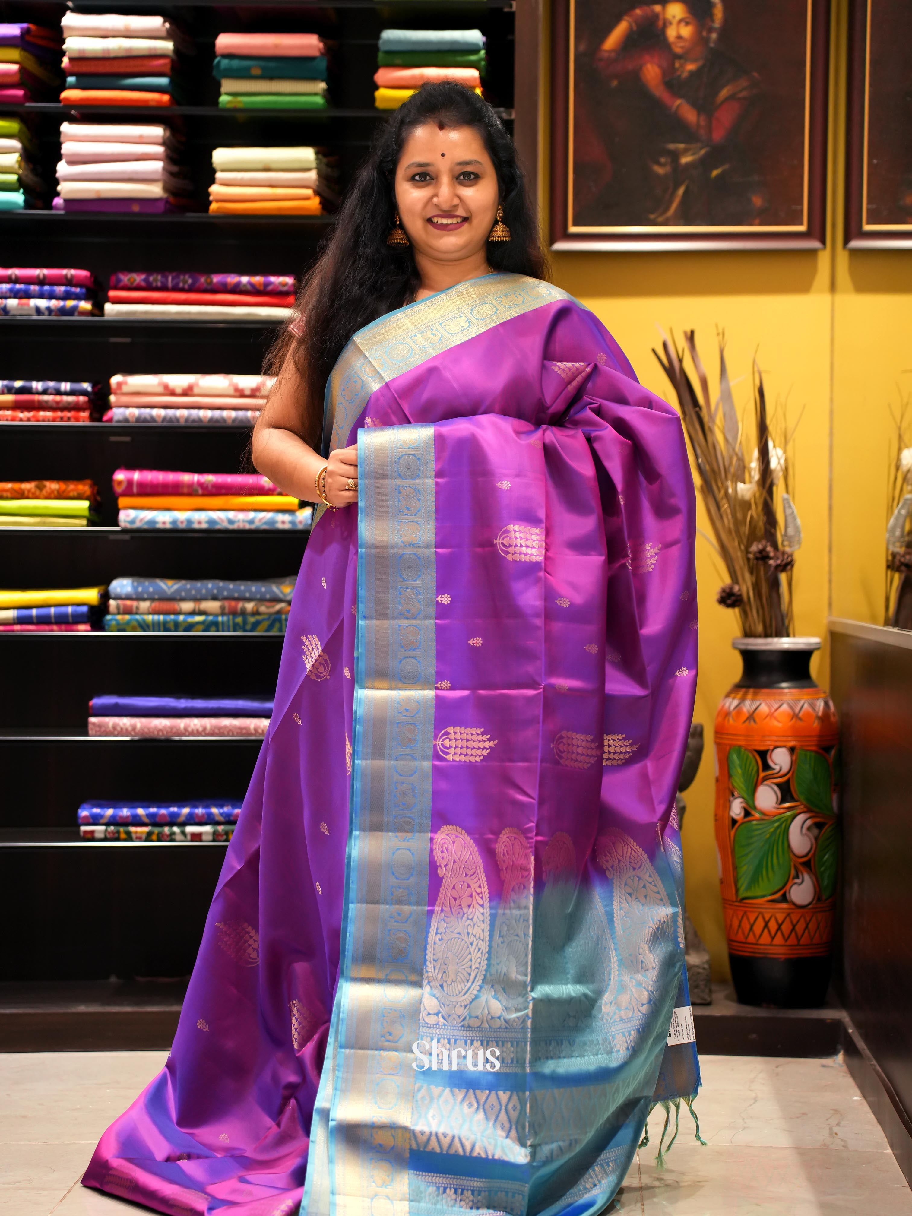 Purple & Pastel Blue - Soft Silk Saree - Shop on ShrusEternity.com