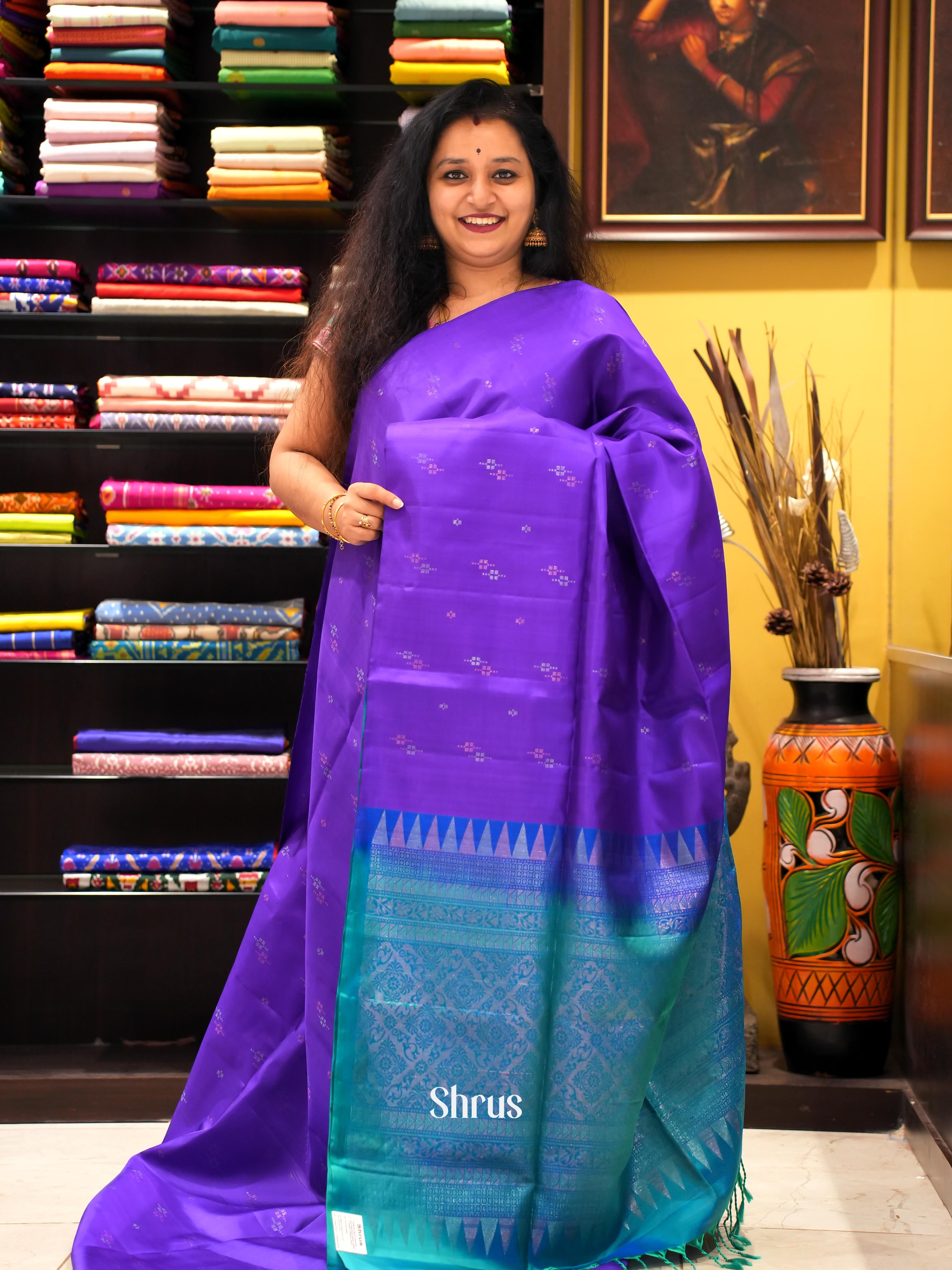 Purple & Teal - Soft Silk Saree - Shop on ShrusEternity.com