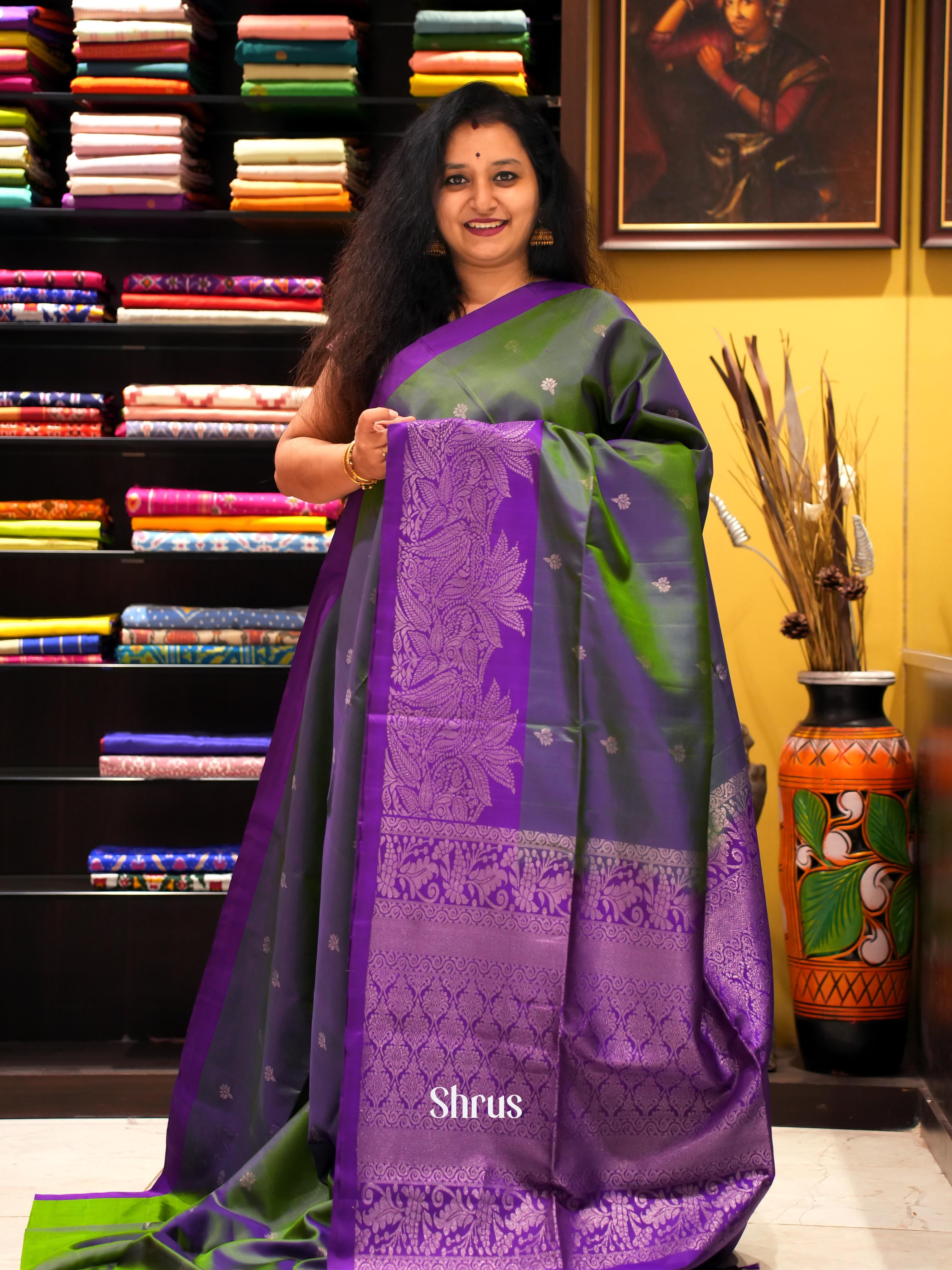 Green & Purple - Soft Silk Saree - Shop on ShrusEternity.com