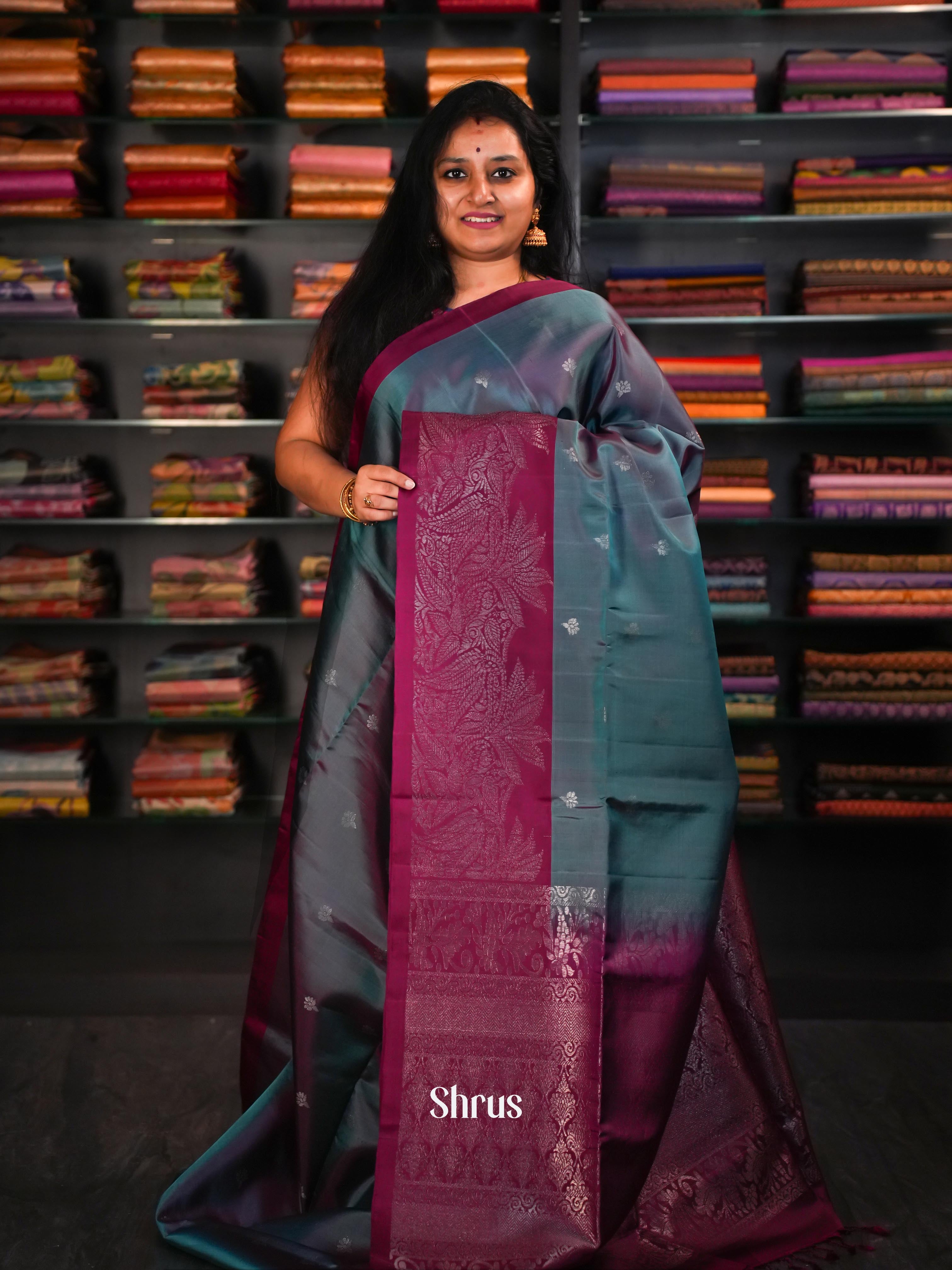 Double Shaded Grey & Violet Red - Soft Silk Saree - Shop on ShrusEternity.com