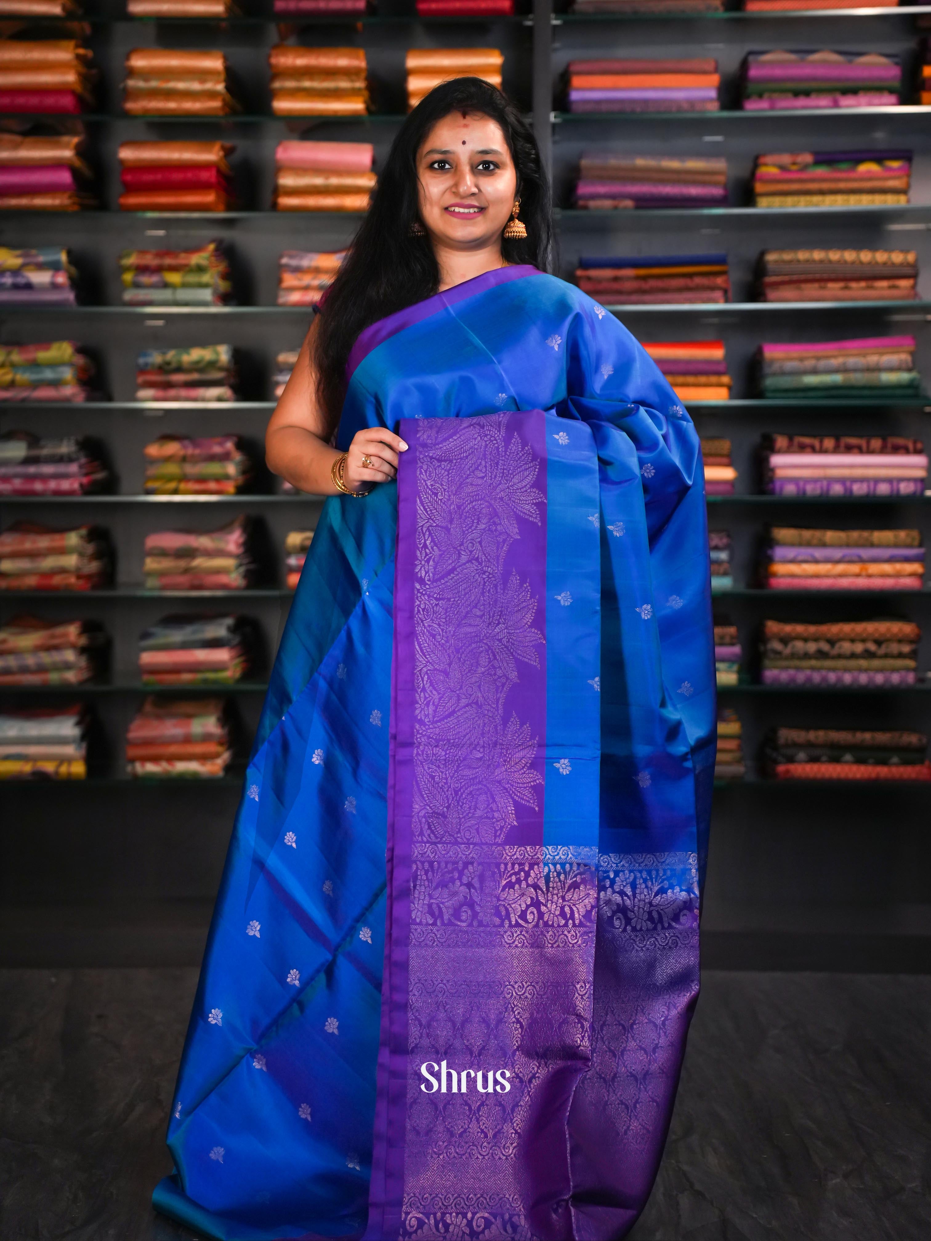 Blue & Dark Purple - Soft Silk Saree - Shop on ShrusEternity.com