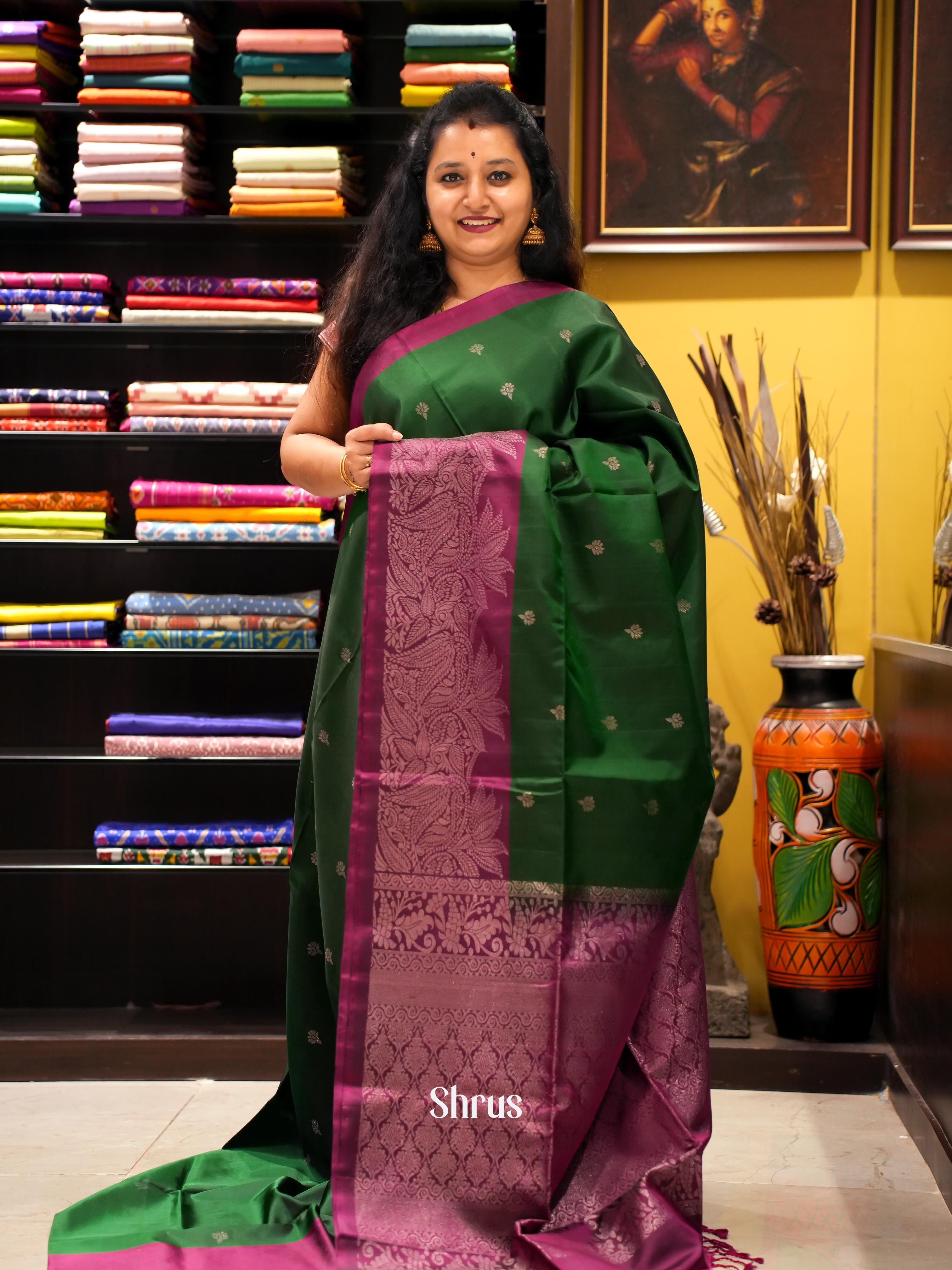 Green & Purple - Soft Silk Saree - Shop on ShrusEternity.com