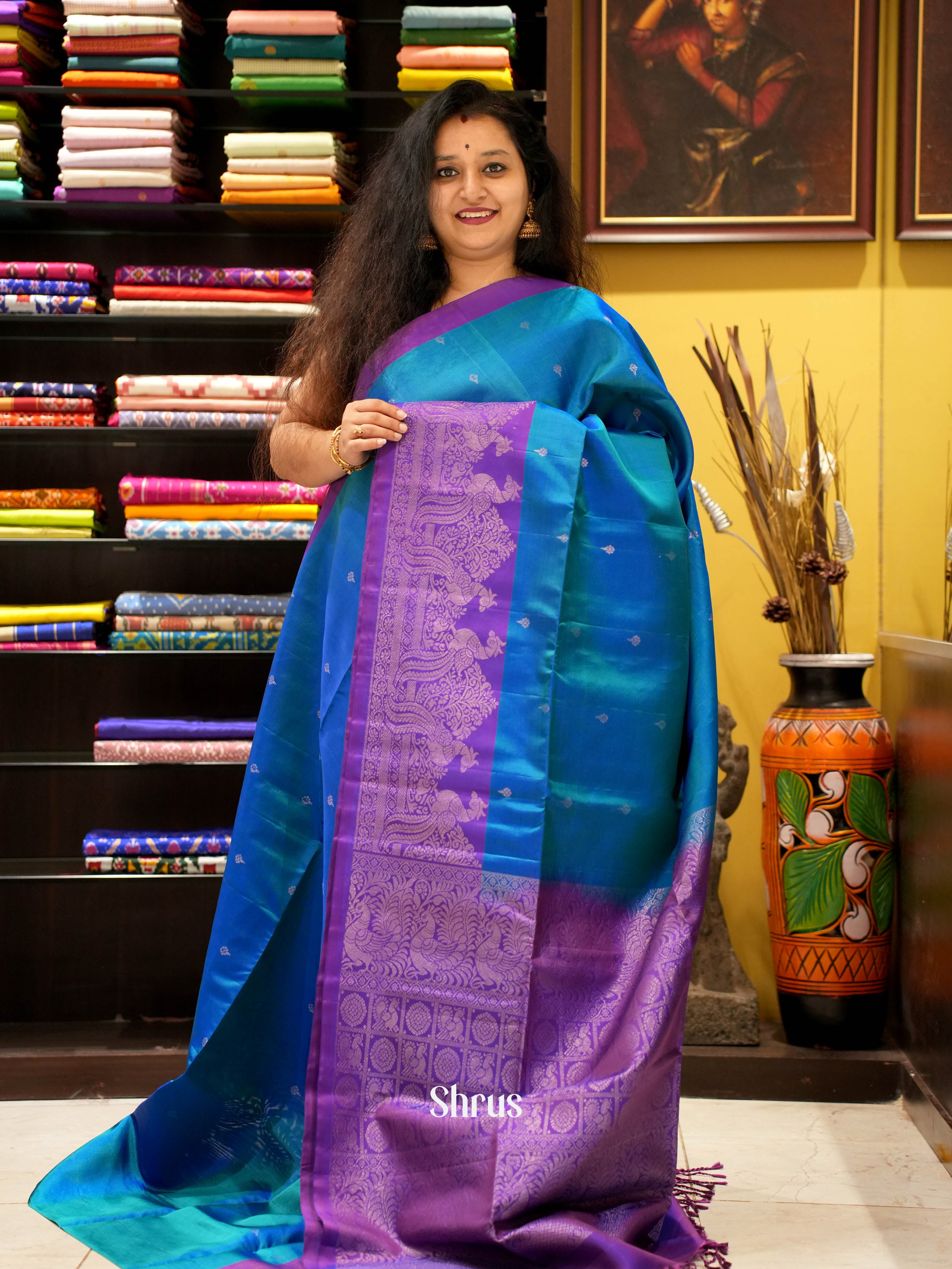 Blue & Purple- Soft Silk Saree - Shop on ShrusEternity.com